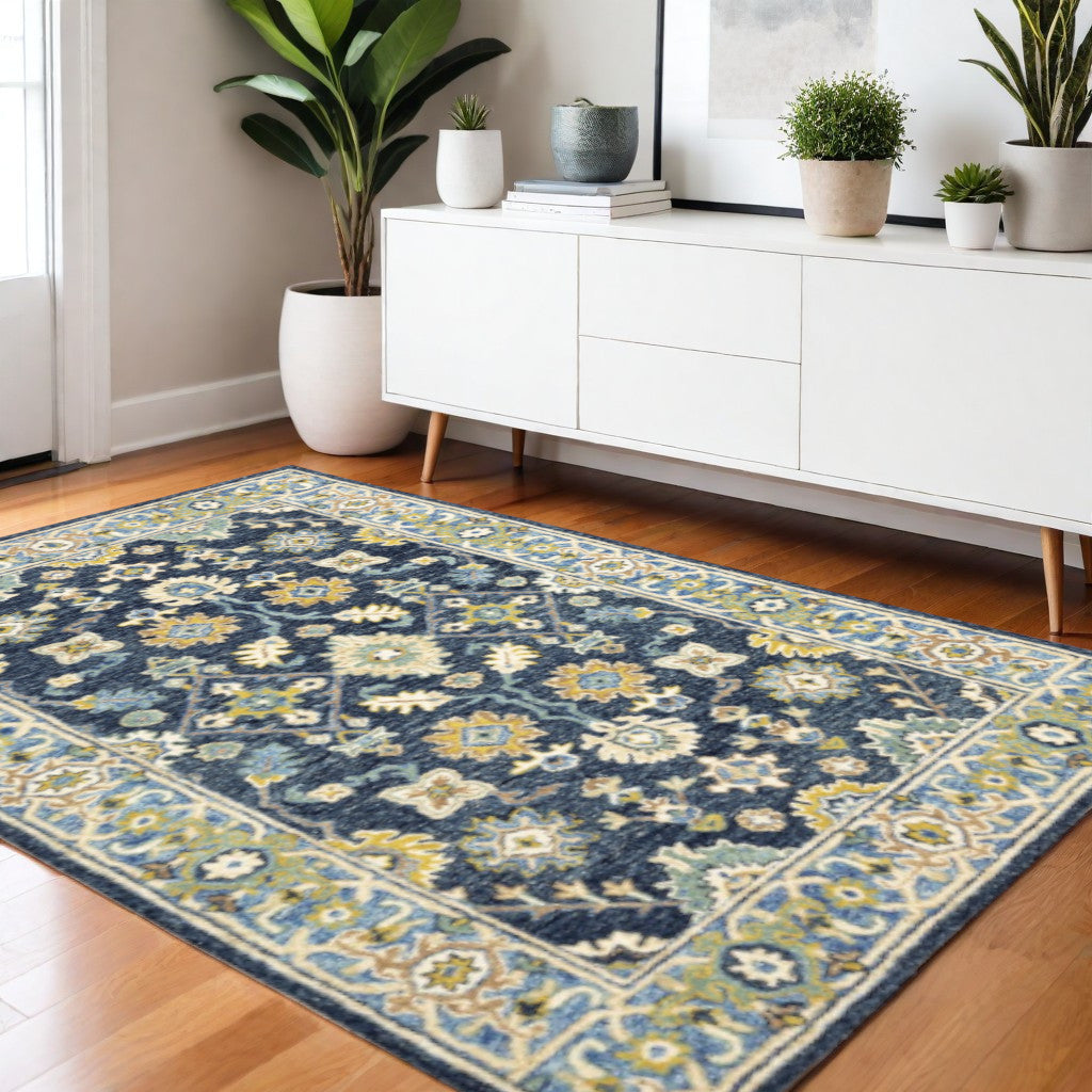8' Blue And Gold Wool Hand Tufted Runner Rug-Area Rugs-DECOROLALA