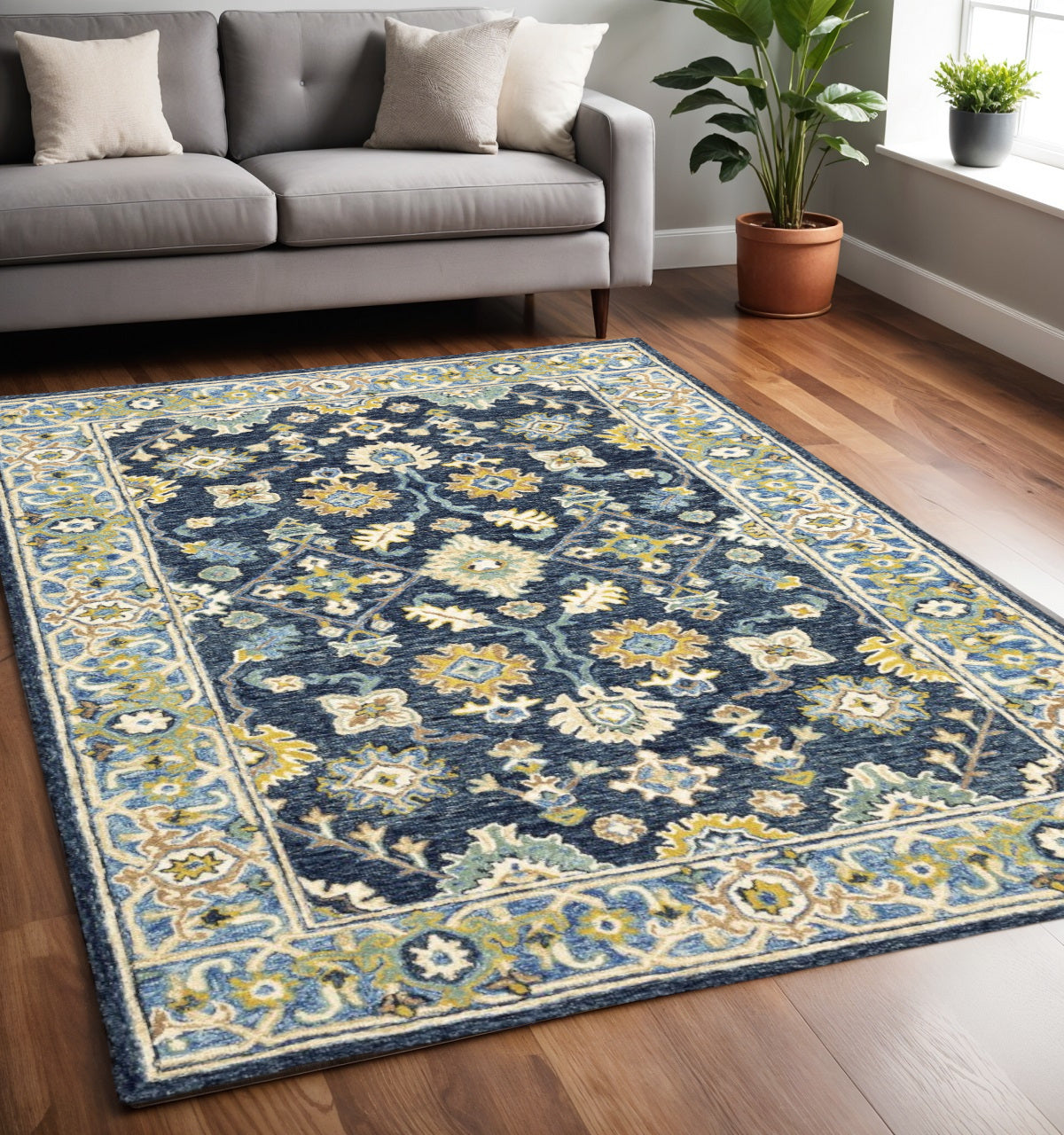 8' Blue And Gold Wool Hand Tufted Runner Rug-Area Rugs-DECOROLALA