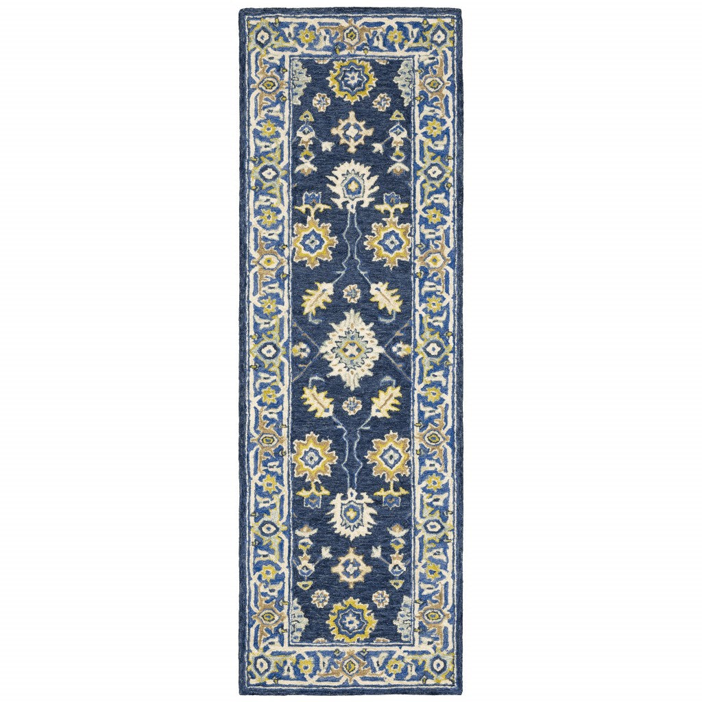 8' Blue And Gold Wool Hand Tufted Runner Rug-Area Rugs-DECOROLALA