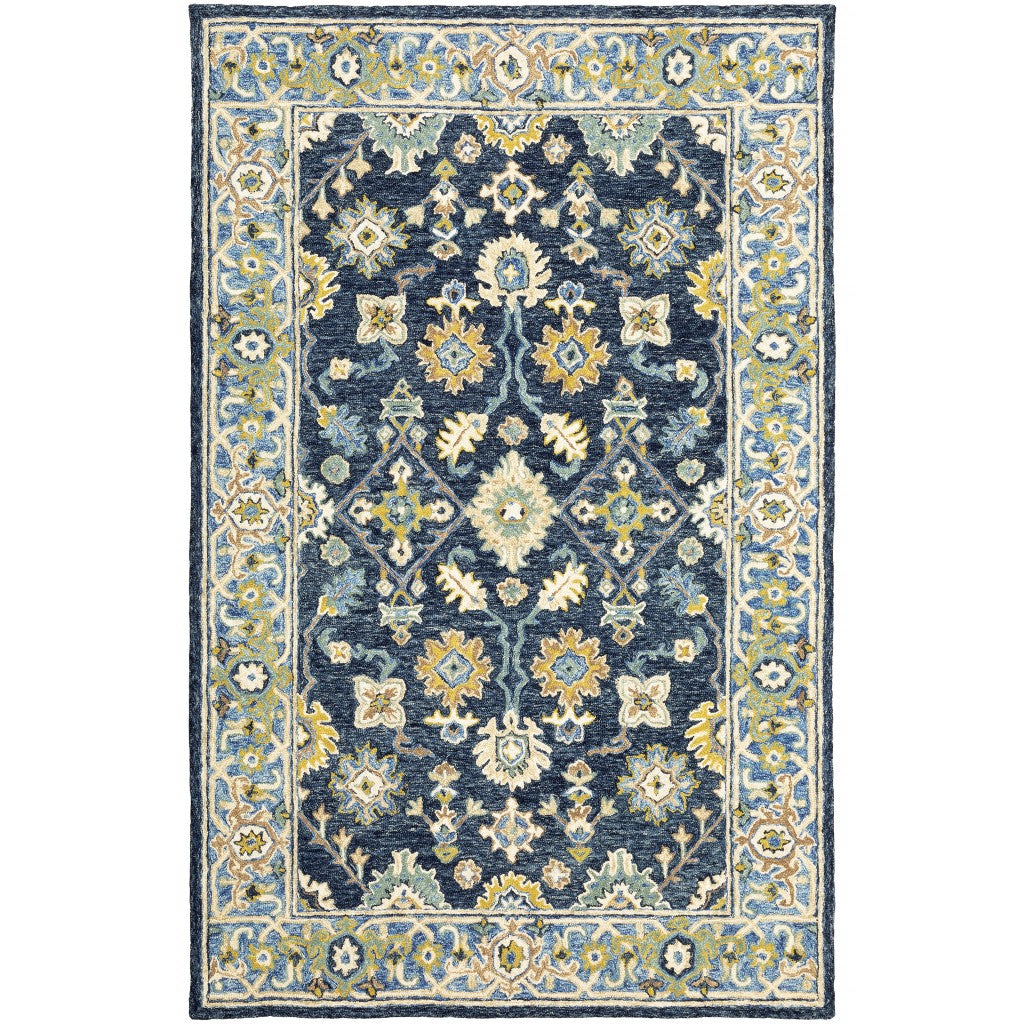 8' Blue And Gold Wool Hand Tufted Runner Rug-Area Rugs-DECOROLALA