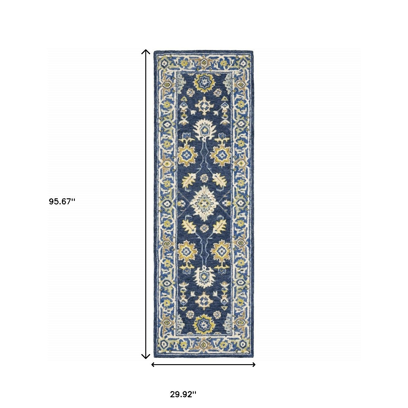 8' Blue And Gold Wool Hand Tufted Runner Rug-Area Rugs-DECOROLALA