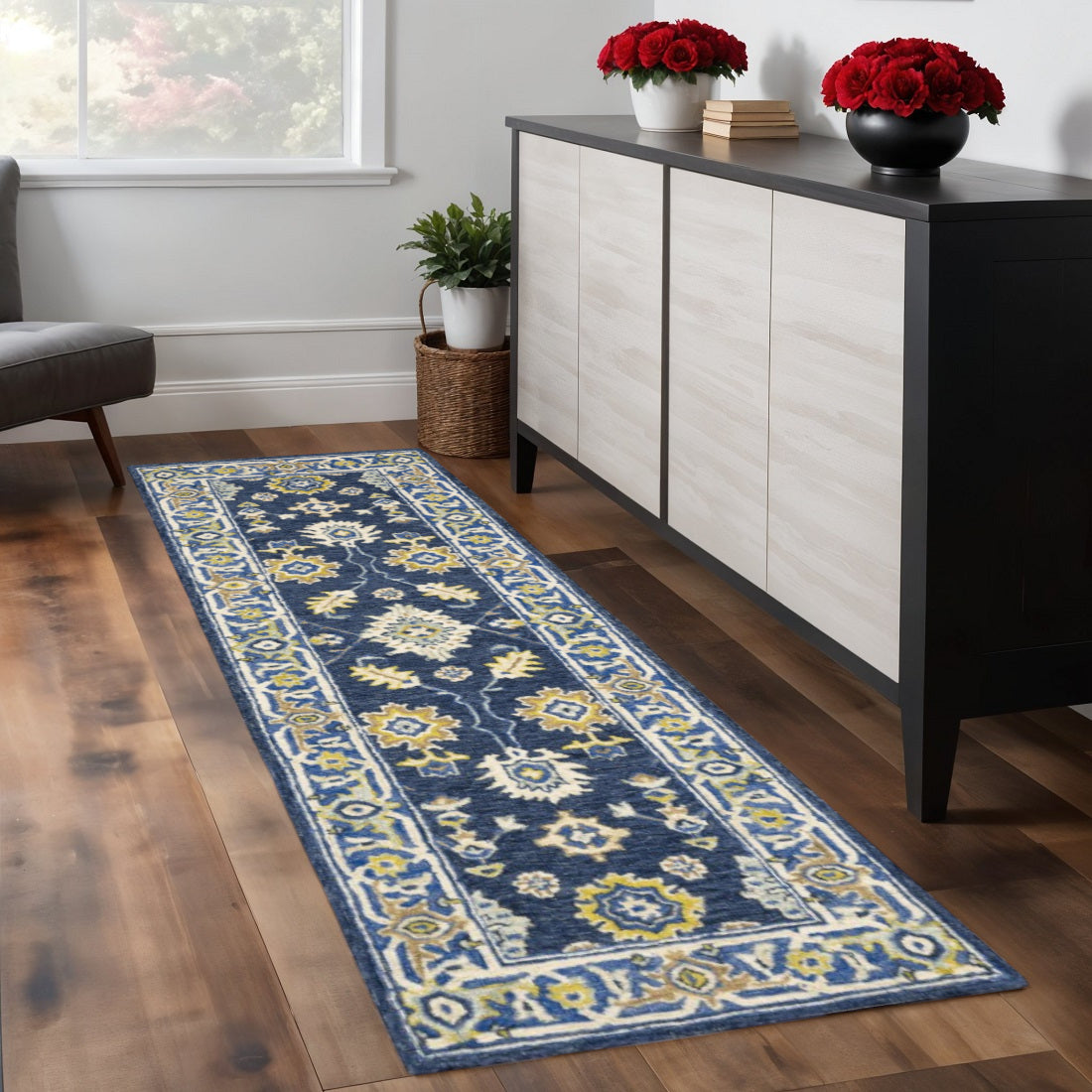 8' Blue And Gold Wool Hand Tufted Runner Rug-Area Rugs-DECOROLALA