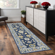 8' Blue And Gold Wool Hand Tufted Runner Rug-Area Rugs-DECOROLALA