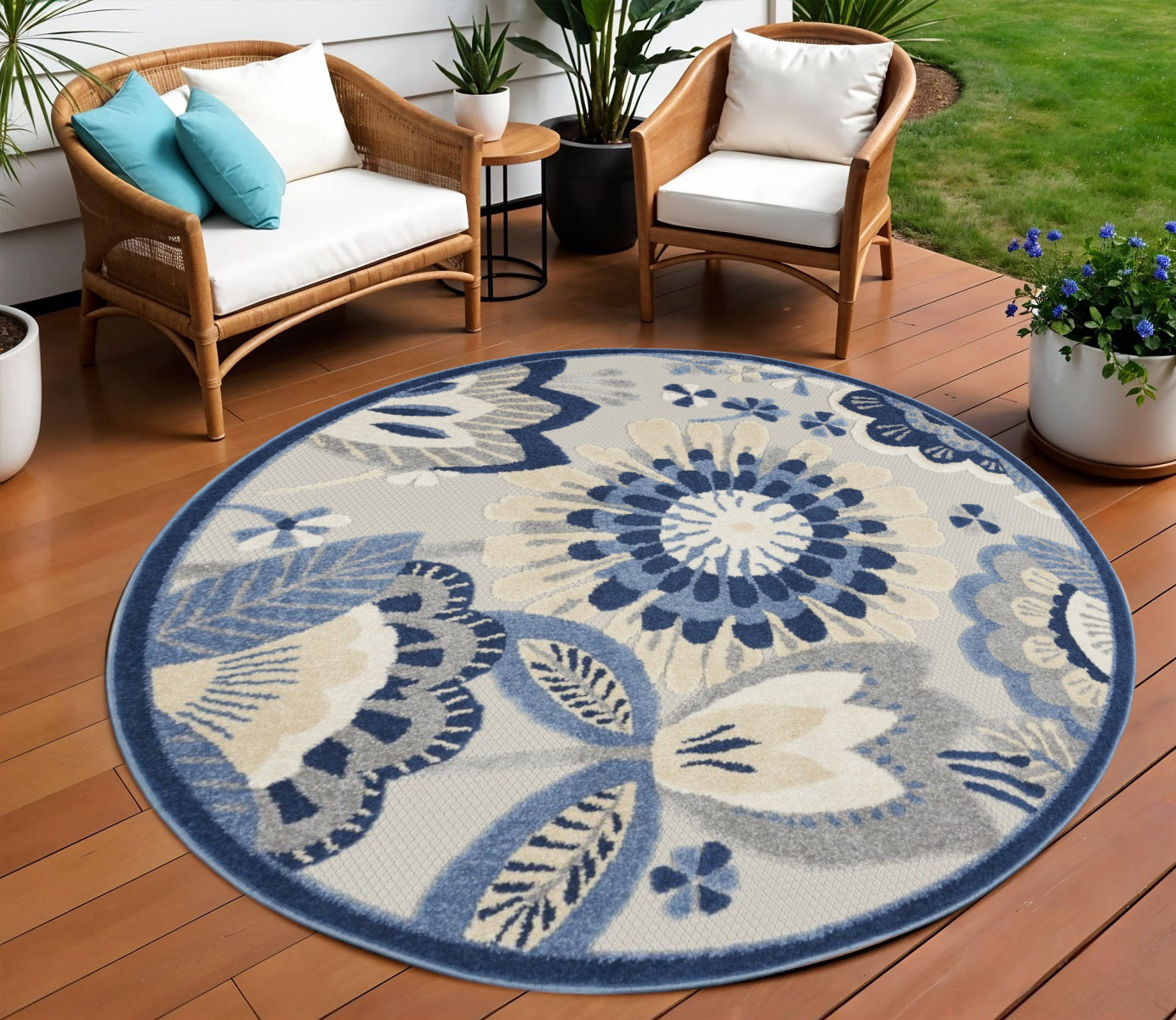8' Blue And Gray Round Indoor Outdoor Area Rug-Outdoor Rugs-DECOROLALA