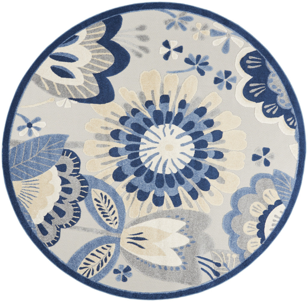 8' Blue And Gray Round Indoor Outdoor Area Rug-Outdoor Rugs-DECOROLALA