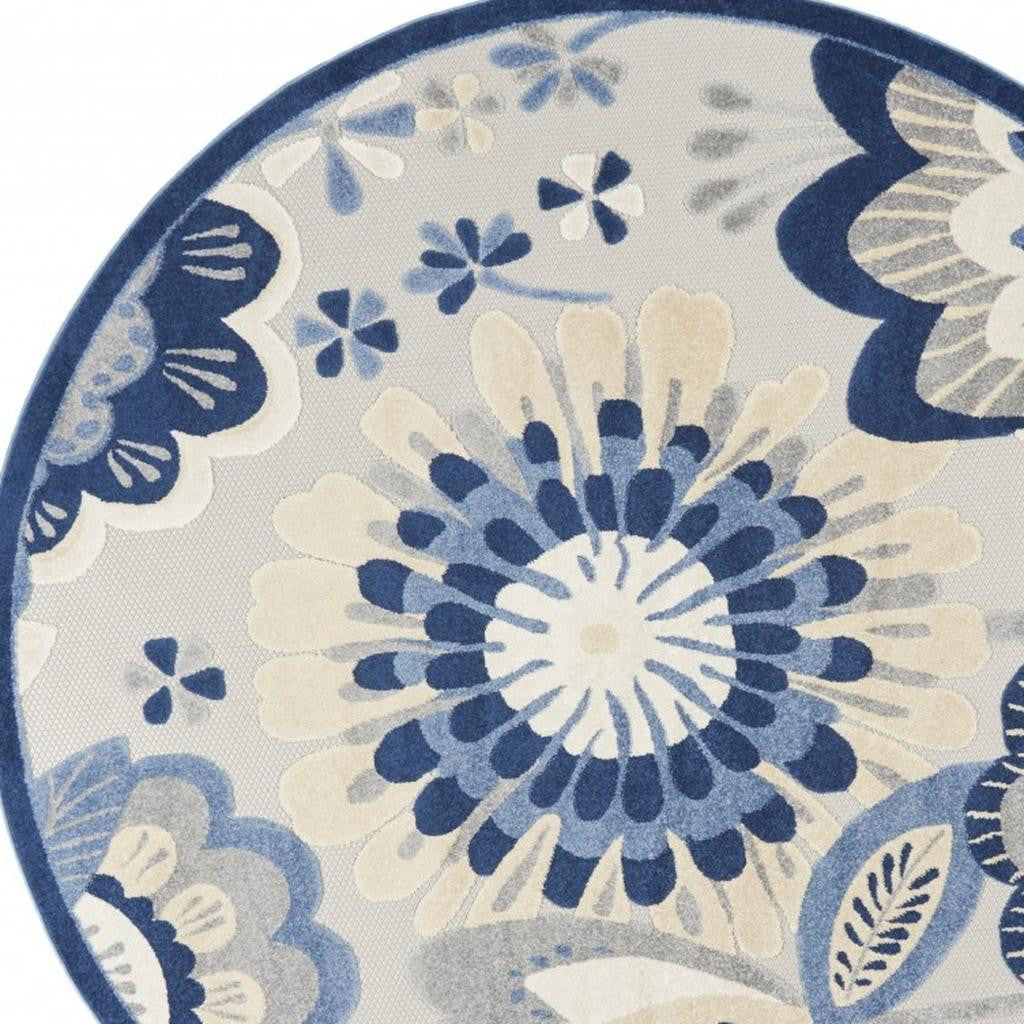 8' Blue And Gray Round Indoor Outdoor Area Rug-Outdoor Rugs-DECOROLALA