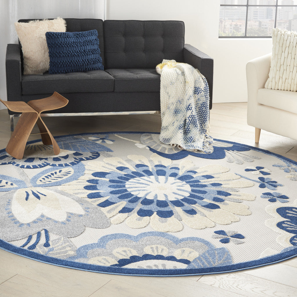 8' Blue And Gray Round Indoor Outdoor Area Rug-Outdoor Rugs-DECOROLALA