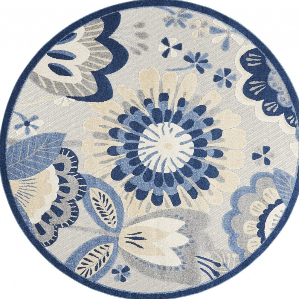 8' Blue And Gray Round Indoor Outdoor Area Rug-Outdoor Rugs-DECOROLALA