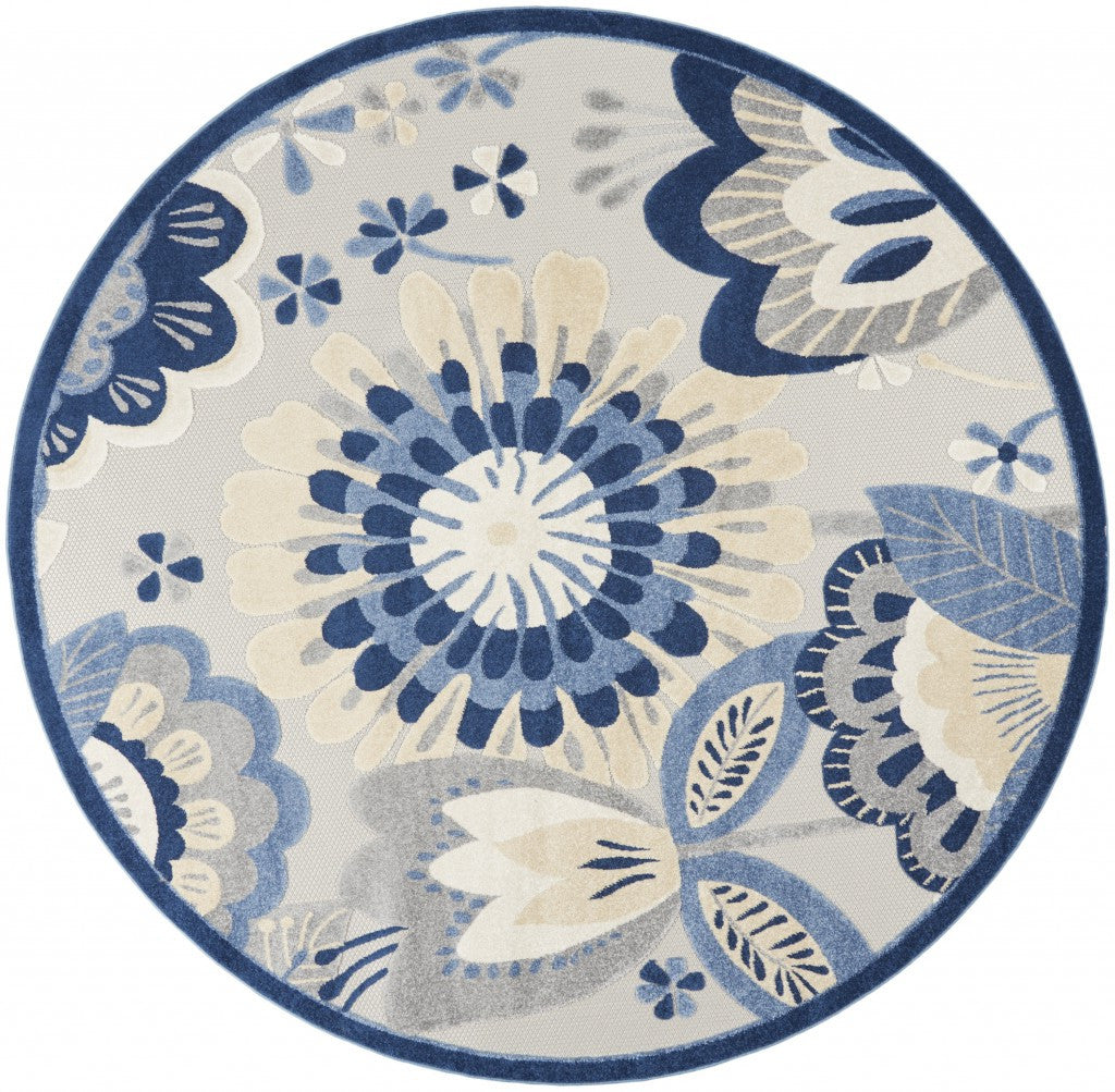 8' Blue And Gray Round Indoor Outdoor Area Rug-Outdoor Rugs-DECOROLALA