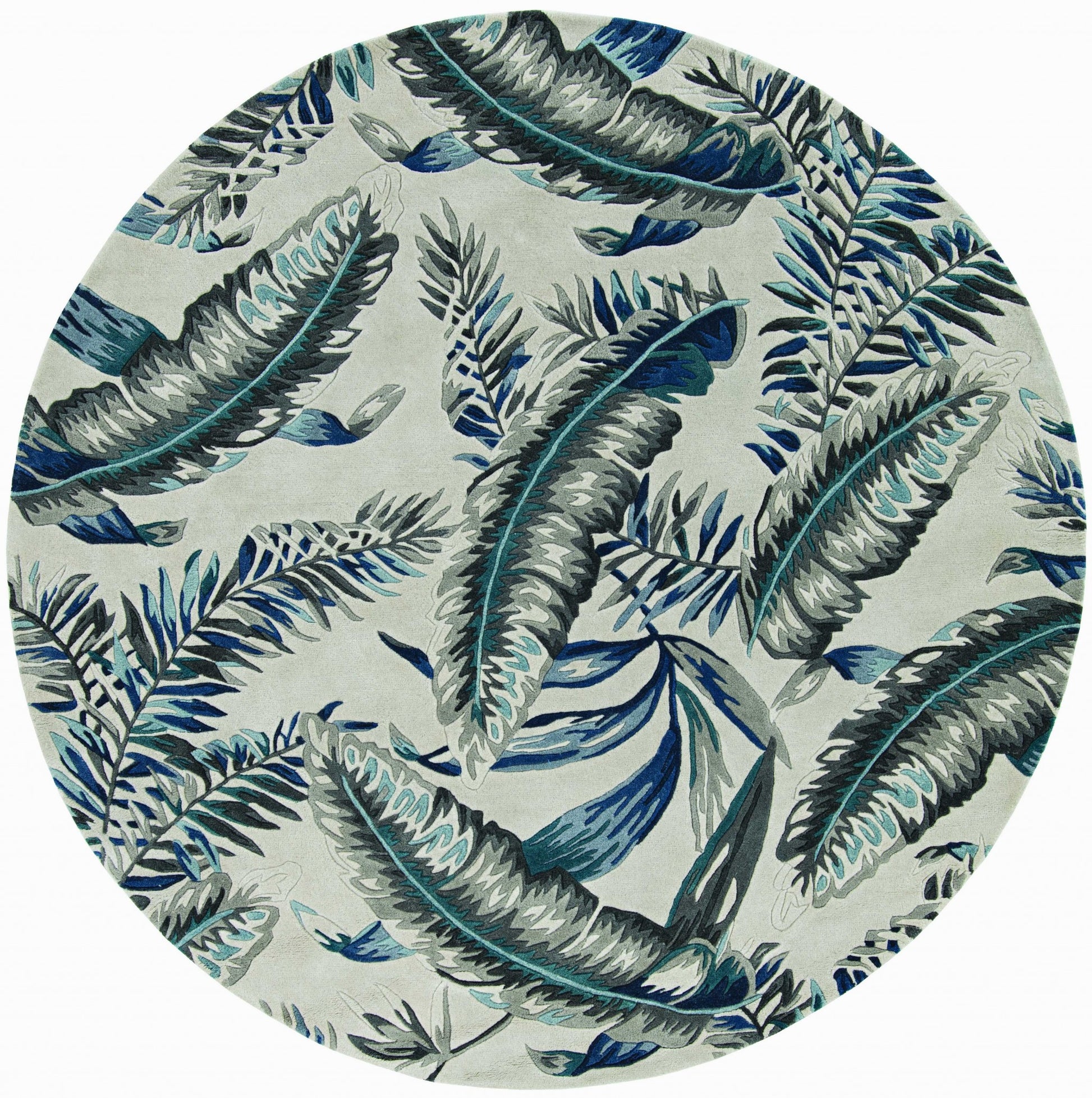 8' Blue And Gray Wool Botanical Leaves Hand Tufted Runner Rug-Area Rugs-DECOROLALA