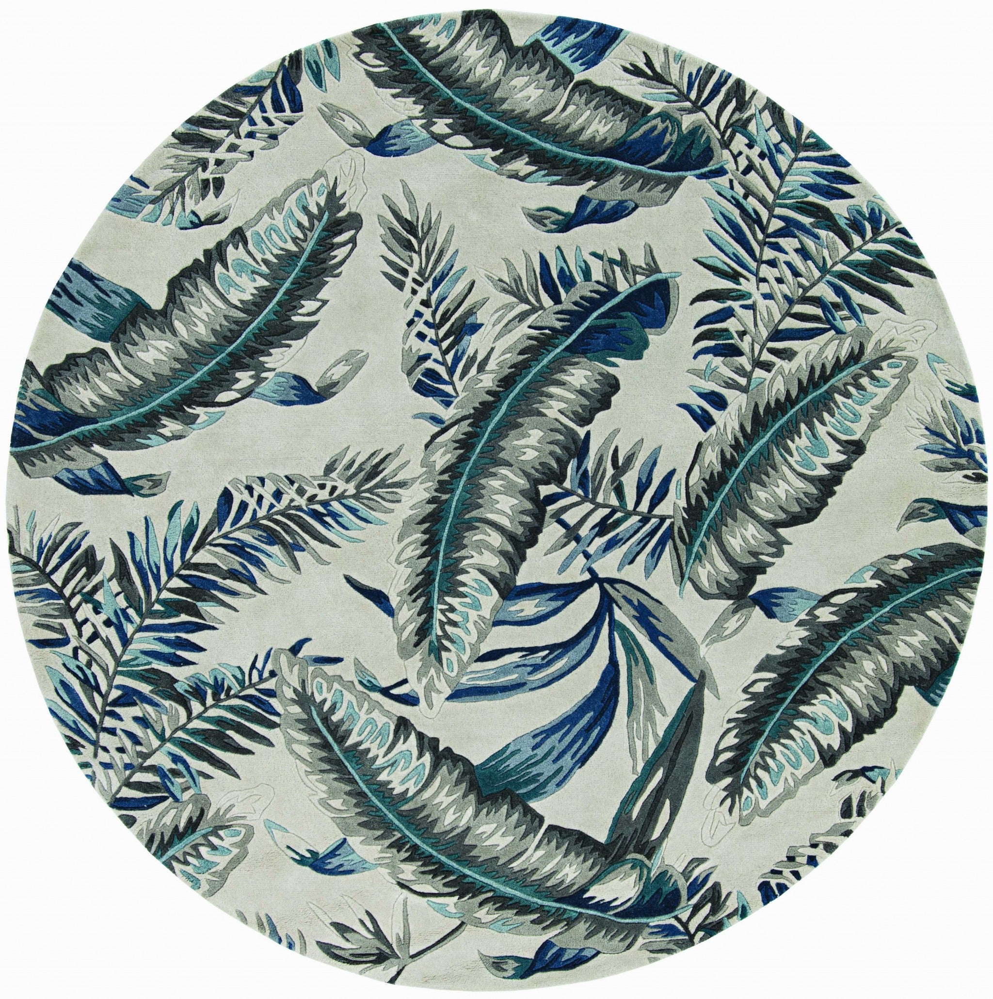 8' Blue And Gray Wool Botanical Leaves Hand Tufted Runner Rug-Area Rugs-DECOROLALA