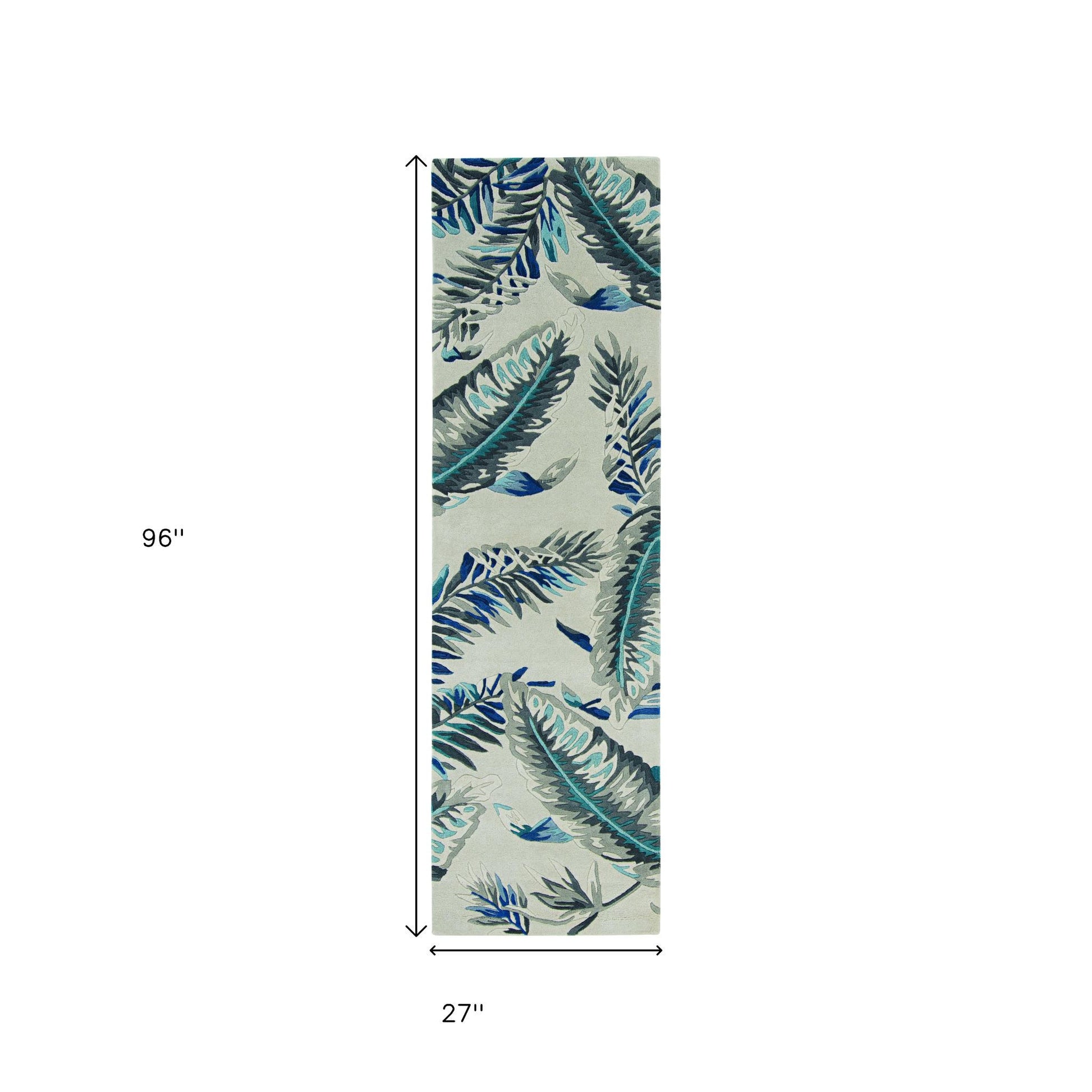 8' Blue And Gray Wool Botanical Leaves Hand Tufted Runner Rug-Area Rugs-DECOROLALA