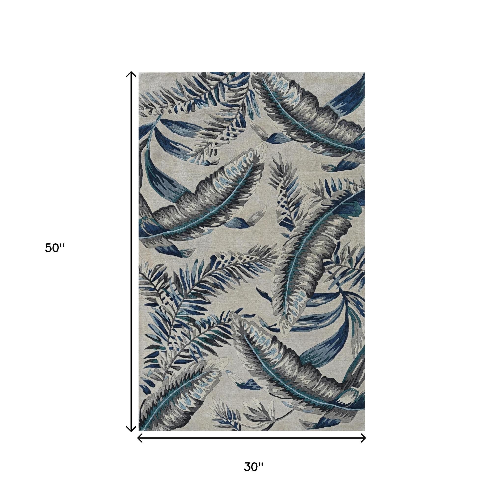 8' Blue And Gray Wool Botanical Leaves Hand Tufted Runner Rug-Area Rugs-DECOROLALA