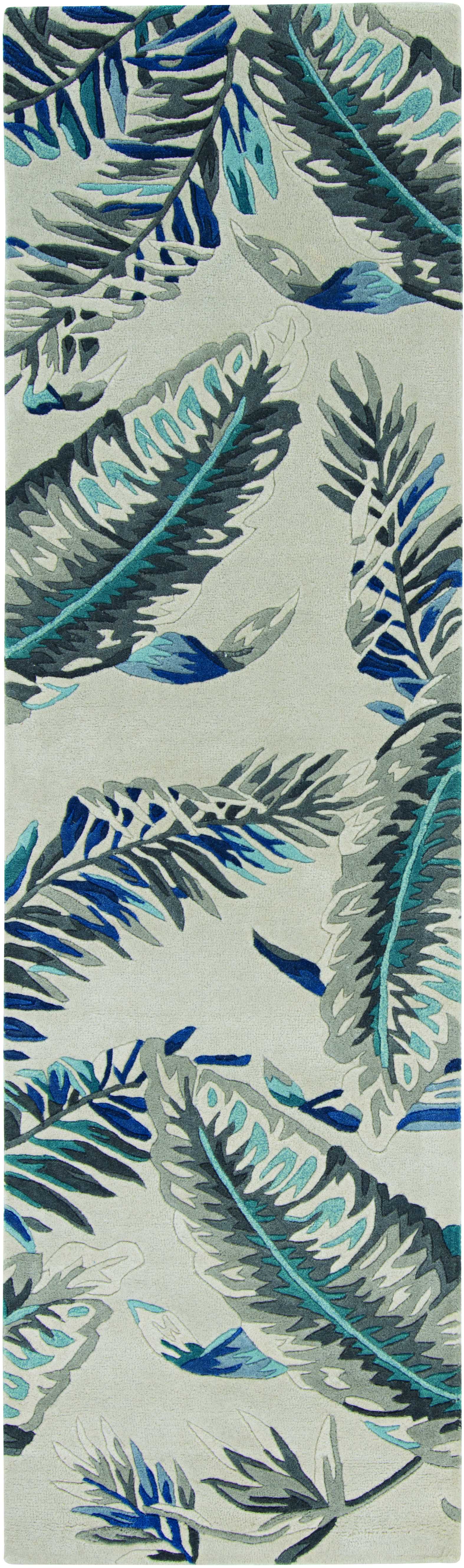8' Blue And Gray Wool Botanical Leaves Hand Tufted Runner Rug-Area Rugs-DECOROLALA