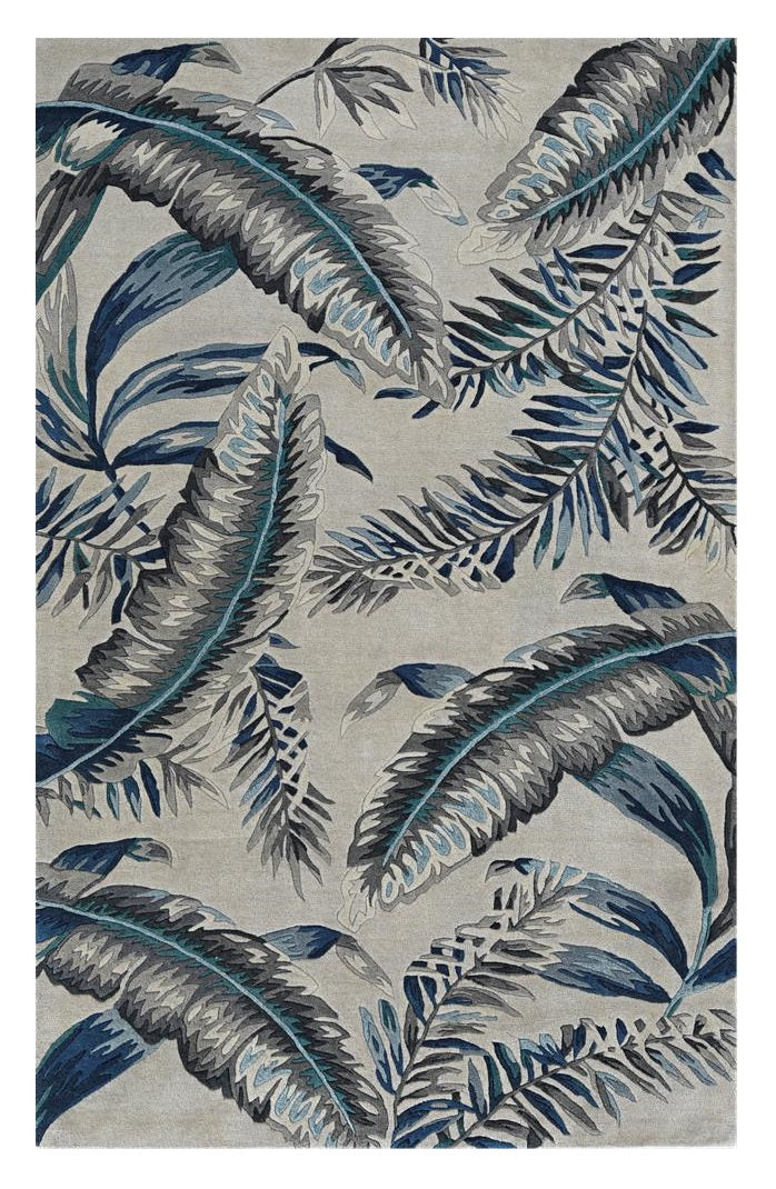 8' Blue And Gray Wool Botanical Leaves Hand Tufted Runner Rug-Area Rugs-DECOROLALA