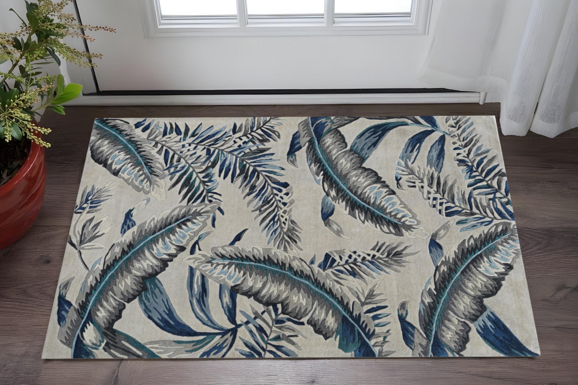8' Blue And Gray Wool Botanical Leaves Hand Tufted Runner Rug-Area Rugs-DECOROLALA