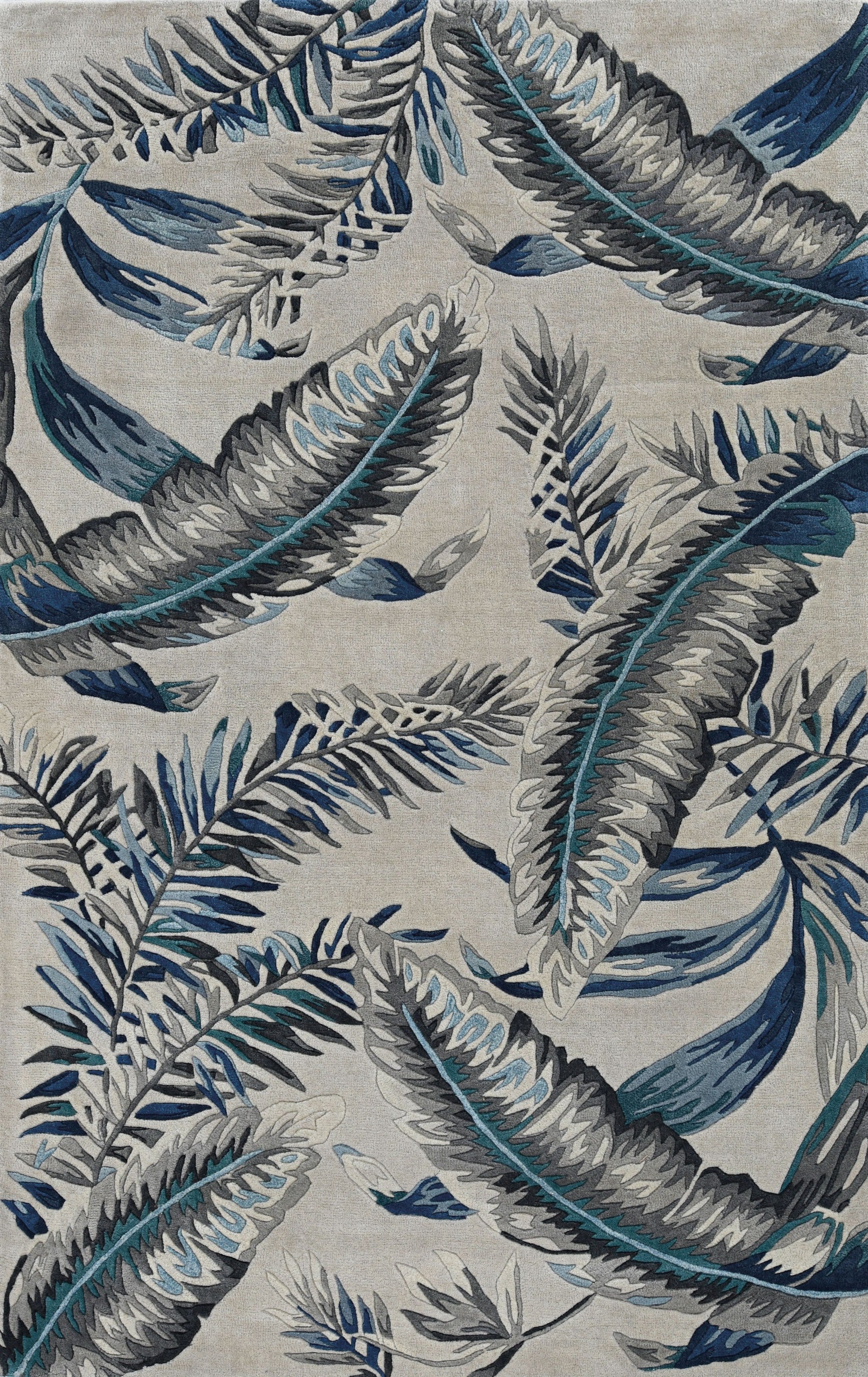 8' Blue And Gray Wool Botanical Leaves Hand Tufted Runner Rug-Area Rugs-DECOROLALA