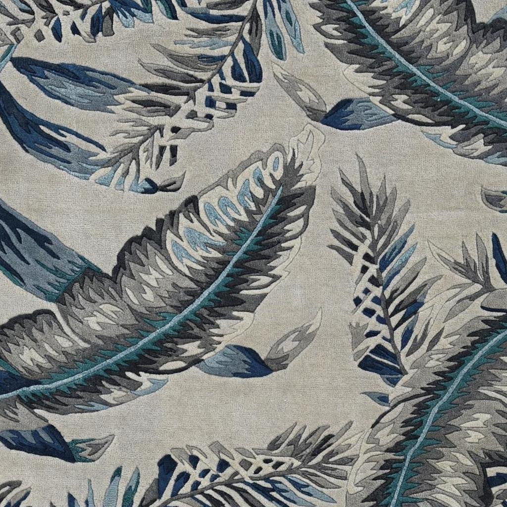 8' Blue And Gray Wool Botanical Leaves Hand Tufted Runner Rug-Area Rugs-DECOROLALA