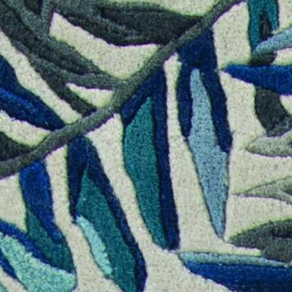 8' Blue And Gray Wool Botanical Leaves Hand Tufted Runner Rug-Area Rugs-DECOROLALA