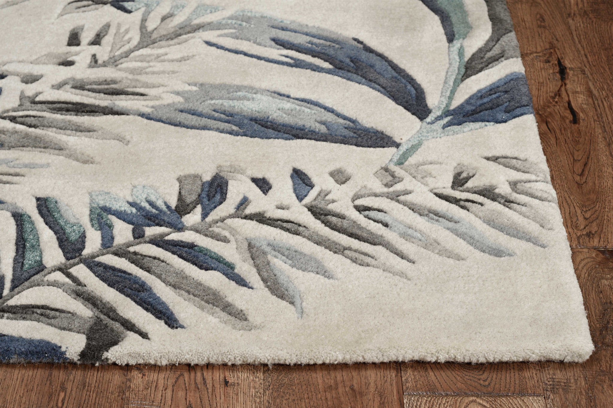 8' Blue And Gray Wool Botanical Leaves Hand Tufted Runner Rug-Area Rugs-DECOROLALA