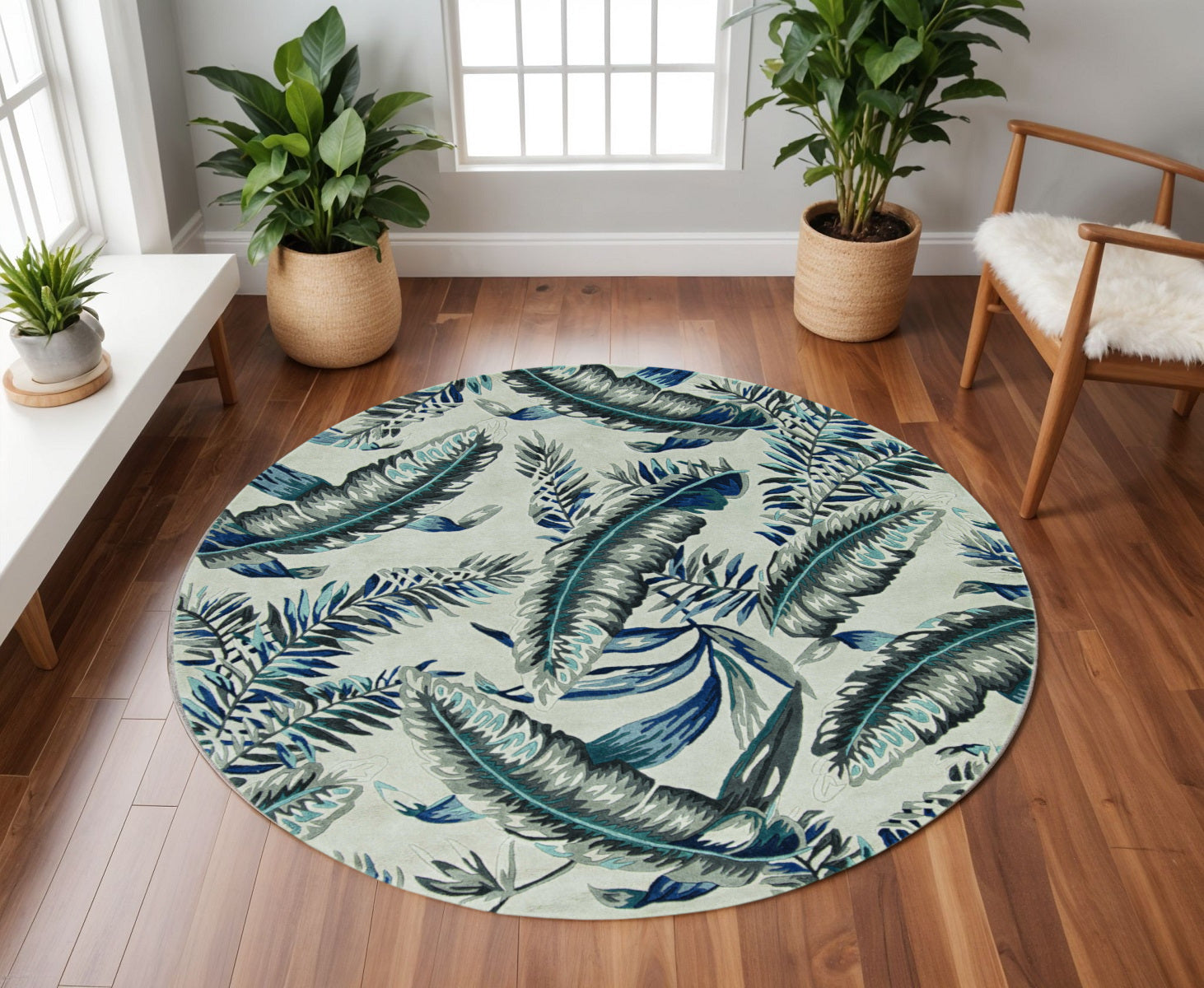 8' Blue And Gray Wool Botanical Leaves Hand Tufted Runner Rug-Area Rugs-DECOROLALA