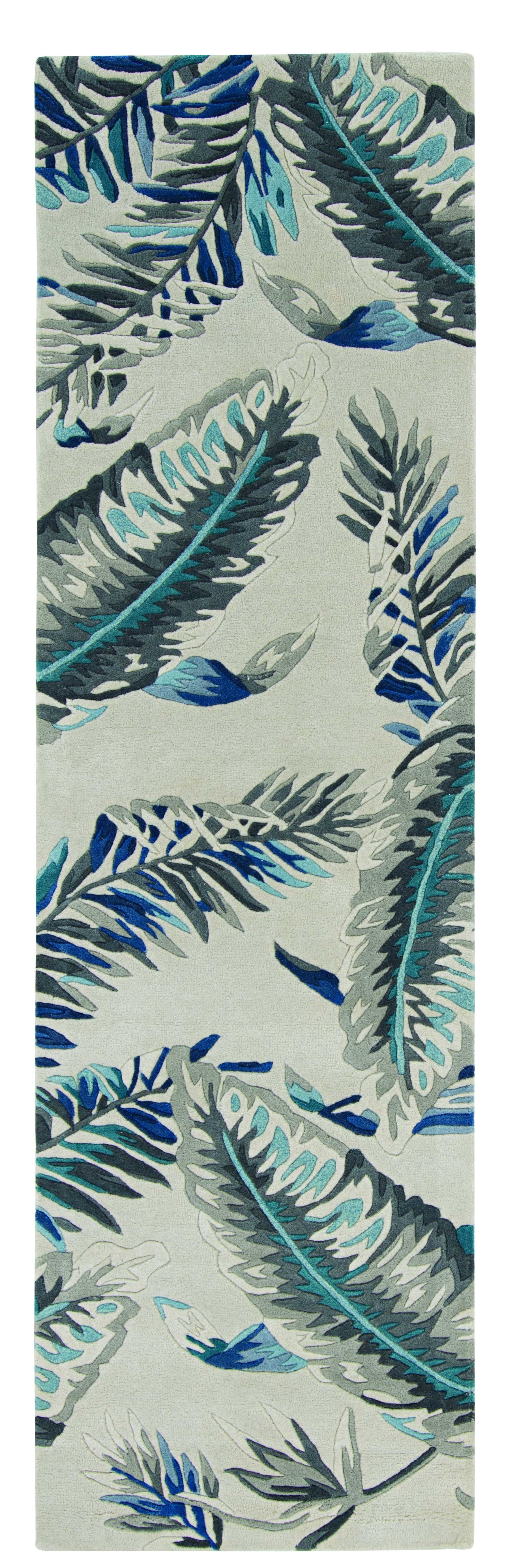 8' Blue And Gray Wool Botanical Leaves Hand Tufted Runner Rug-Area Rugs-DECOROLALA