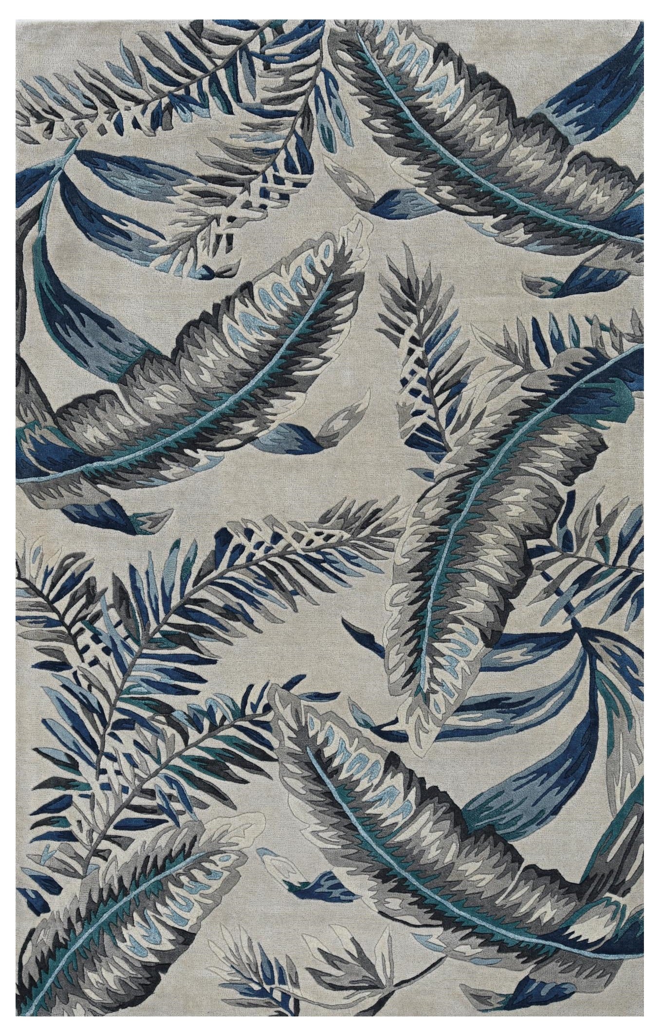 8' Blue And Gray Wool Botanical Leaves Hand Tufted Runner Rug-Area Rugs-DECOROLALA