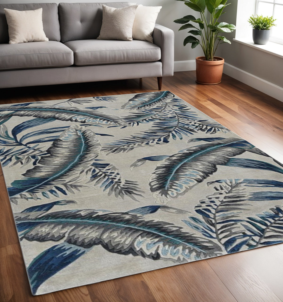 8' Blue And Gray Wool Botanical Leaves Hand Tufted Runner Rug-Area Rugs-DECOROLALA
