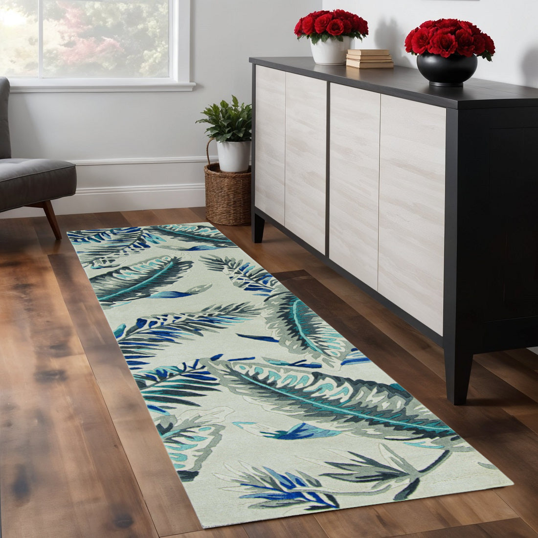 8' Blue And Gray Wool Botanical Leaves Hand Tufted Runner Rug-Area Rugs-DECOROLALA