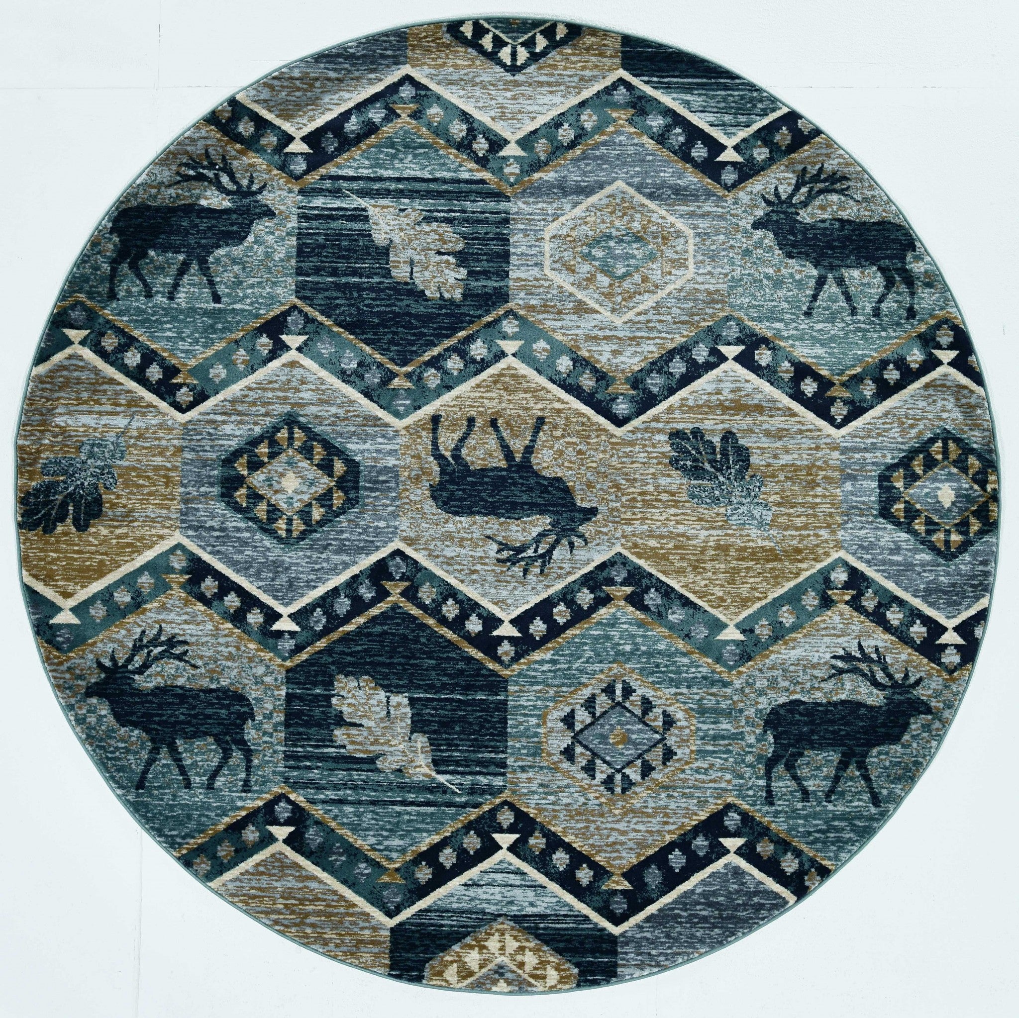 8' Blue And Green Woodland Lodge Round Rug-Area Rugs-DECOROLALA
