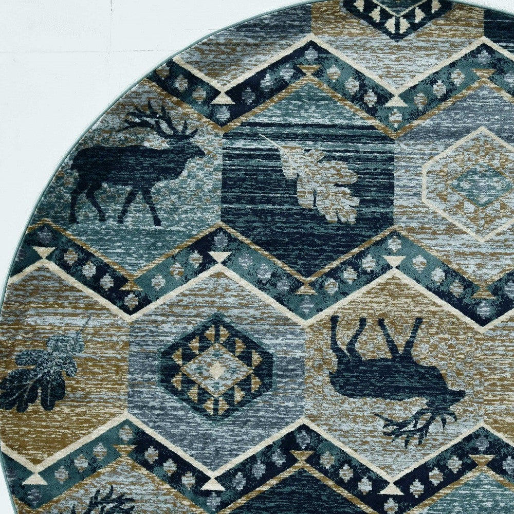 8' Blue And Green Woodland Lodge Round Rug-Area Rugs-DECOROLALA