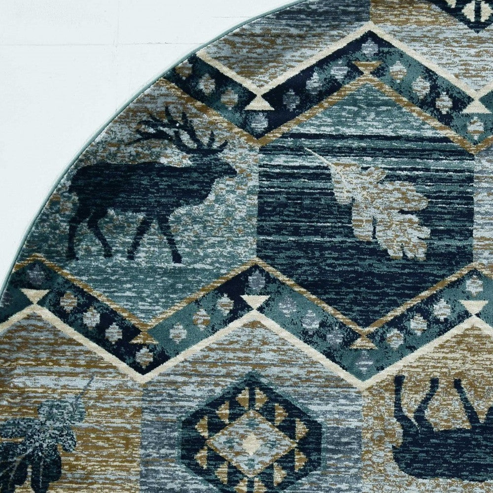 8' Blue And Green Woodland Lodge Round Rug-Area Rugs-DECOROLALA