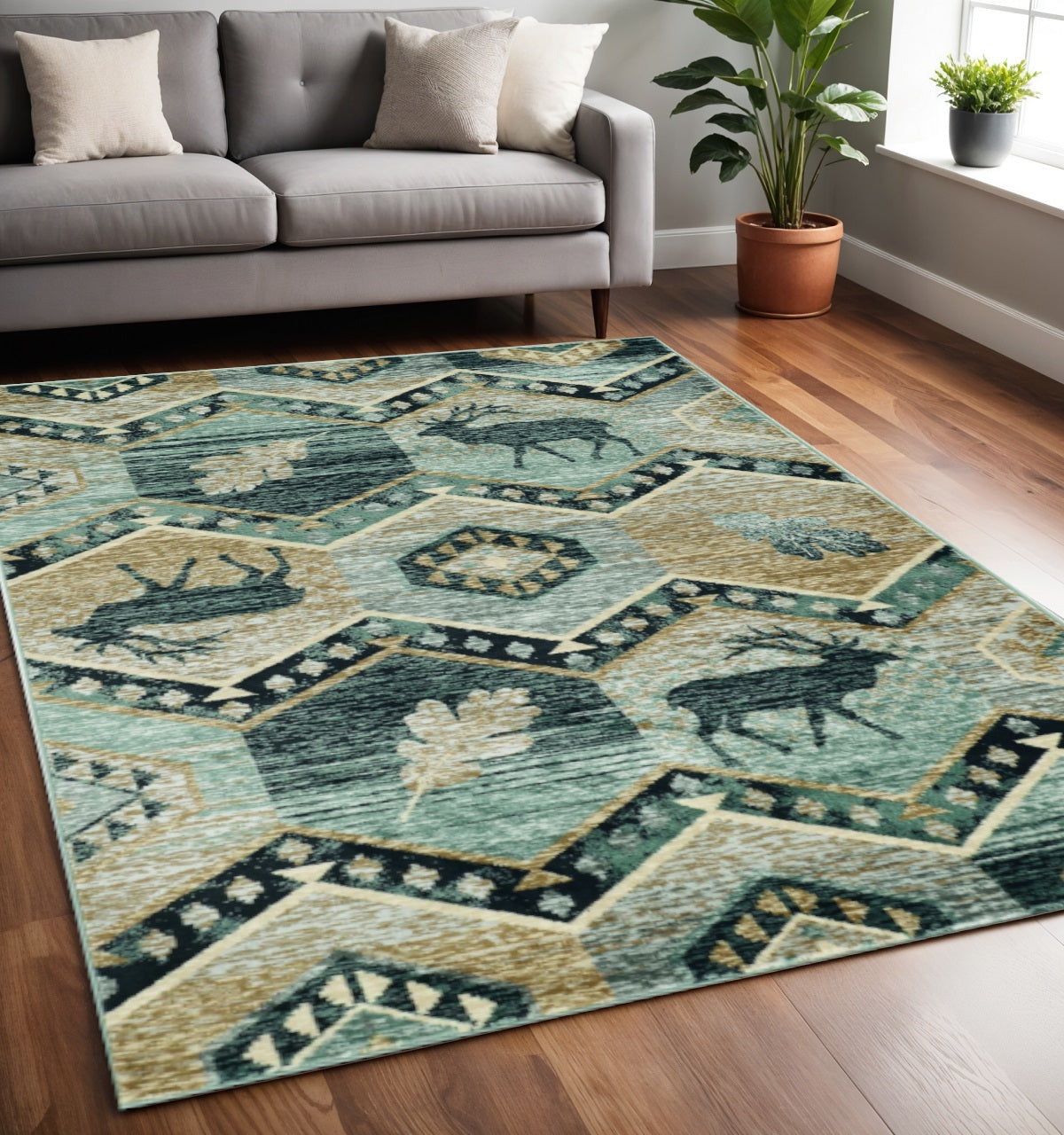 8' Blue And Green Woodland Lodge Round Rug-Area Rugs-DECOROLALA