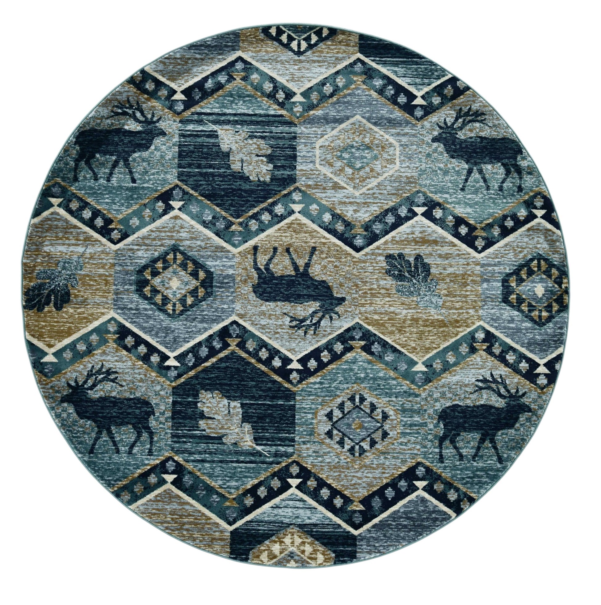 8' Blue And Green Woodland Lodge Round Rug-Area Rugs-DECOROLALA