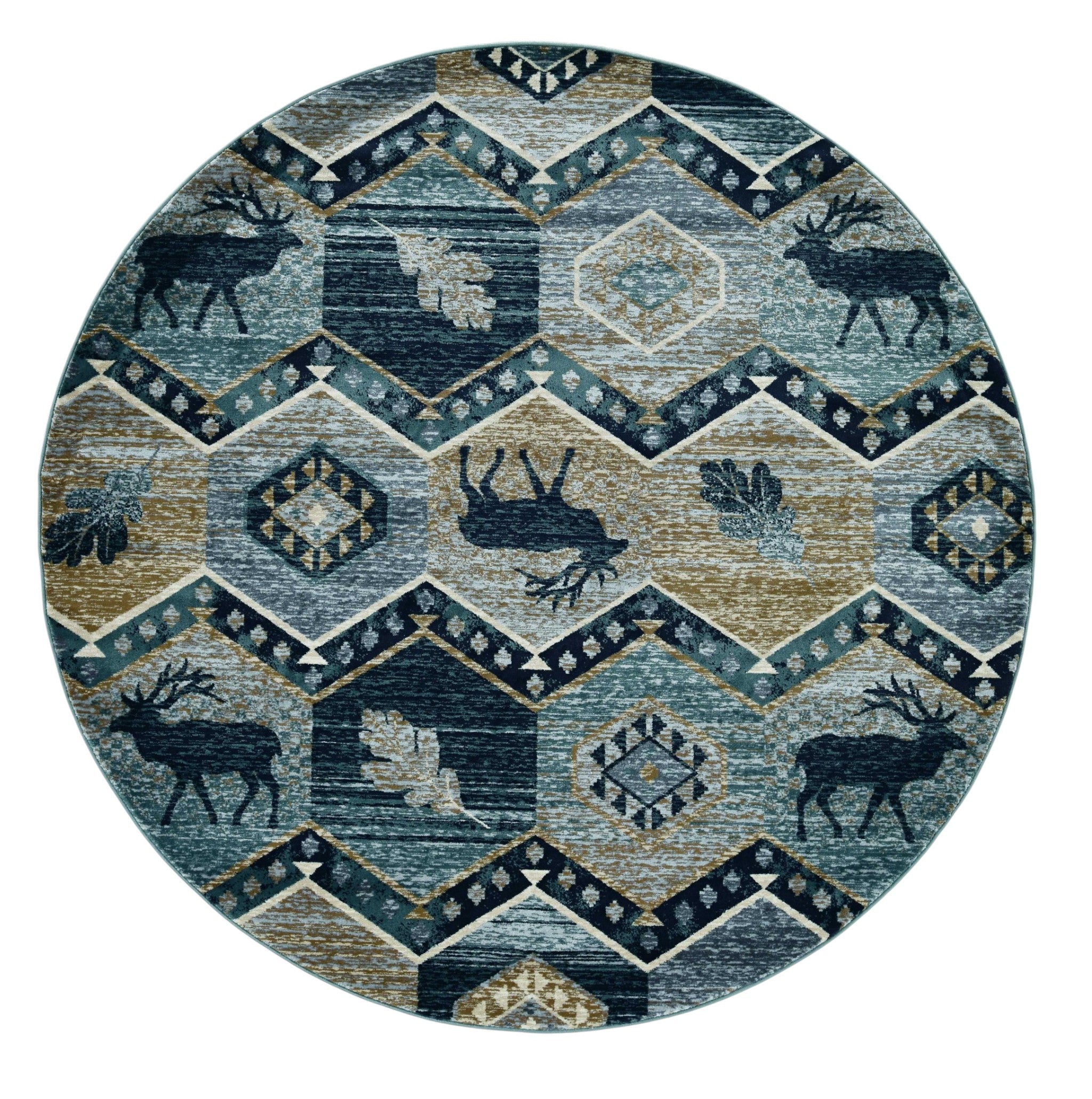 8' Blue And Green Woodland Lodge Round Rug-Area Rugs-DECOROLALA
