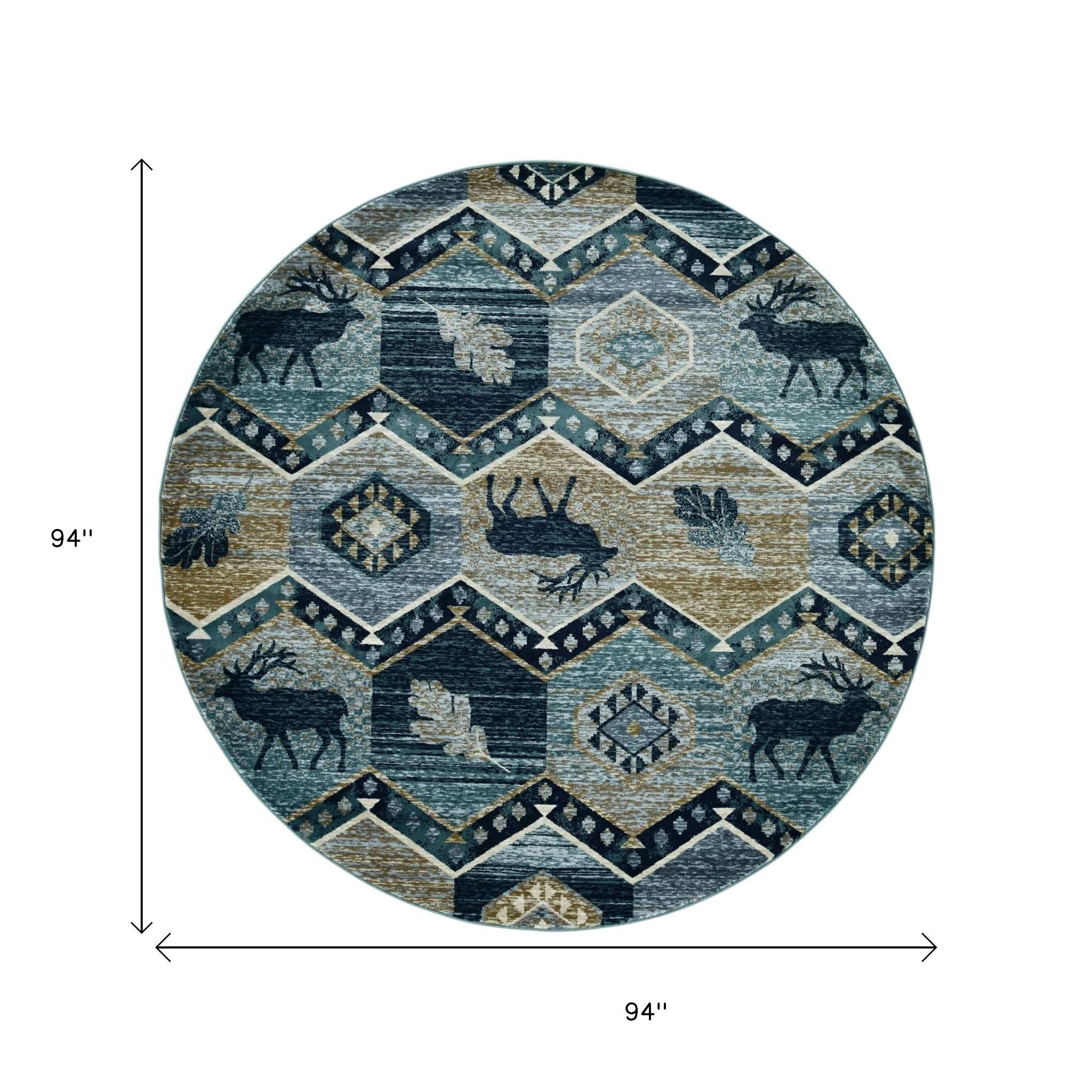 8' Blue And Green Woodland Lodge Round Rug-Area Rugs-DECOROLALA