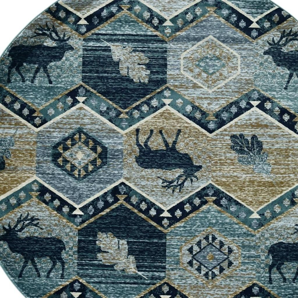 8' Blue And Green Woodland Lodge Round Rug-Area Rugs-DECOROLALA