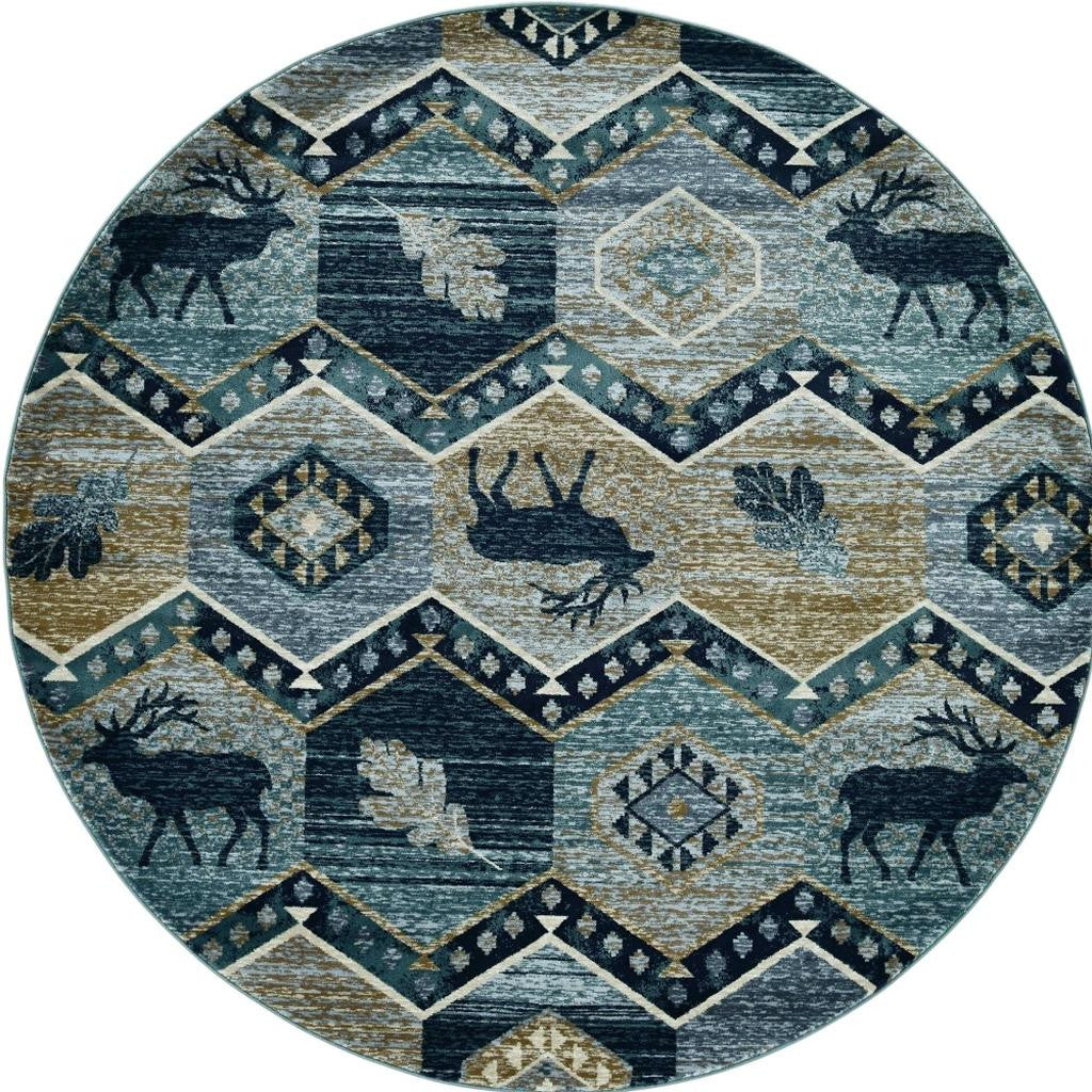 8' Blue And Green Woodland Lodge Round Rug-Area Rugs-DECOROLALA