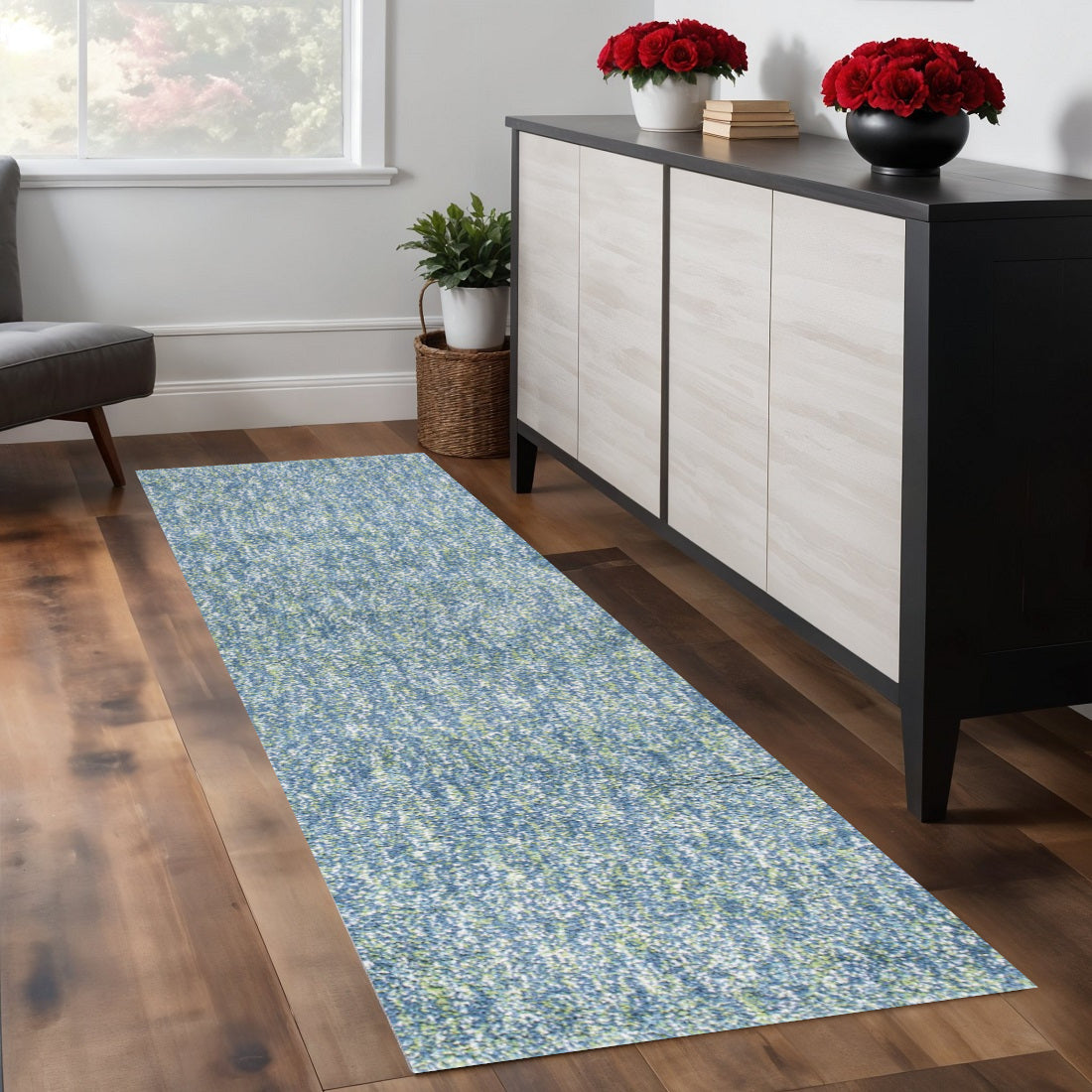 8' Blue And White Abstract Hand Woven Round Rug-Area Rugs-DECOROLALA