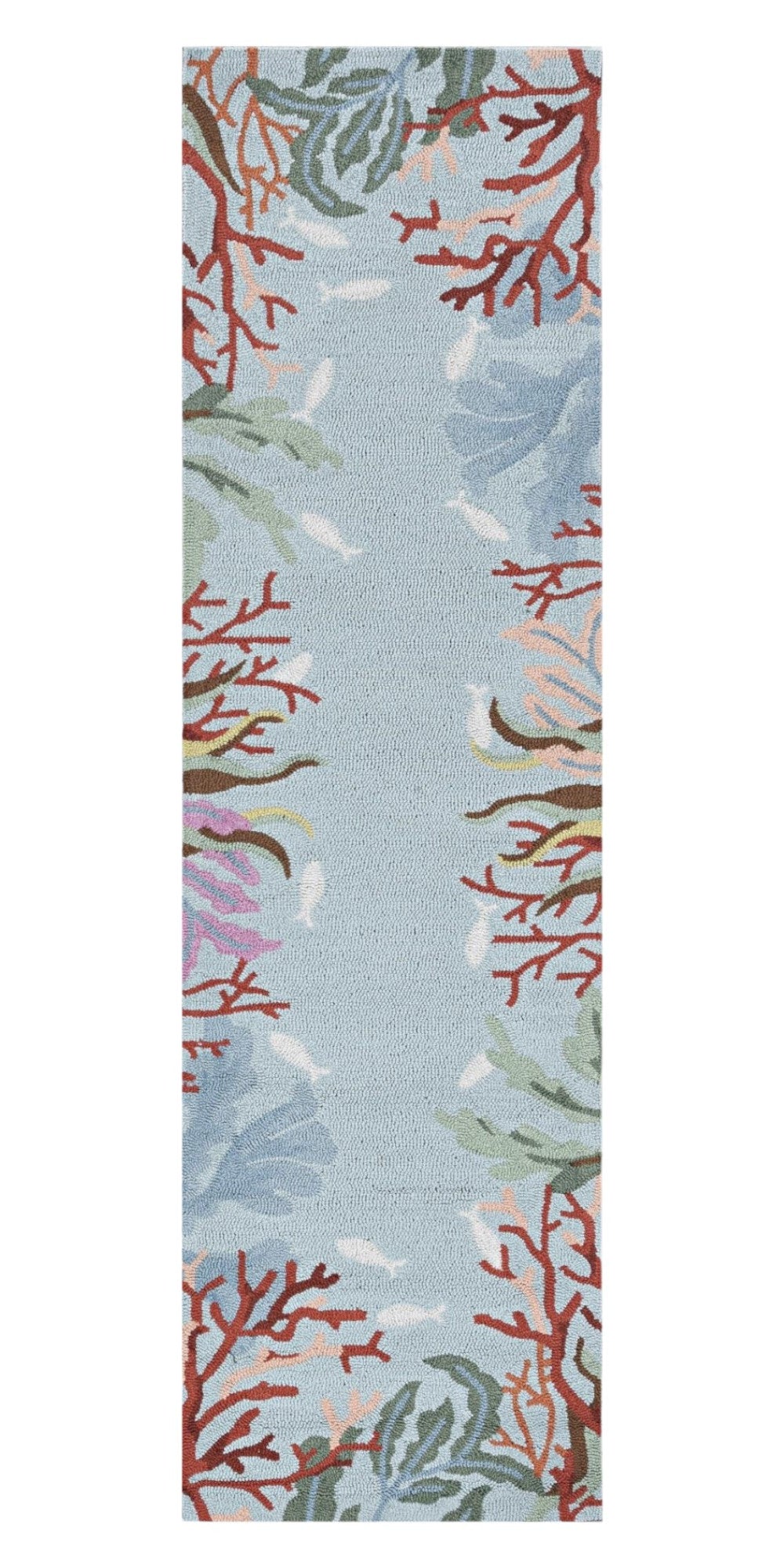 8' Blue Red And Pink Fish and Coral Hand Hooked Runner Rug-Area Rugs-DECOROLALA