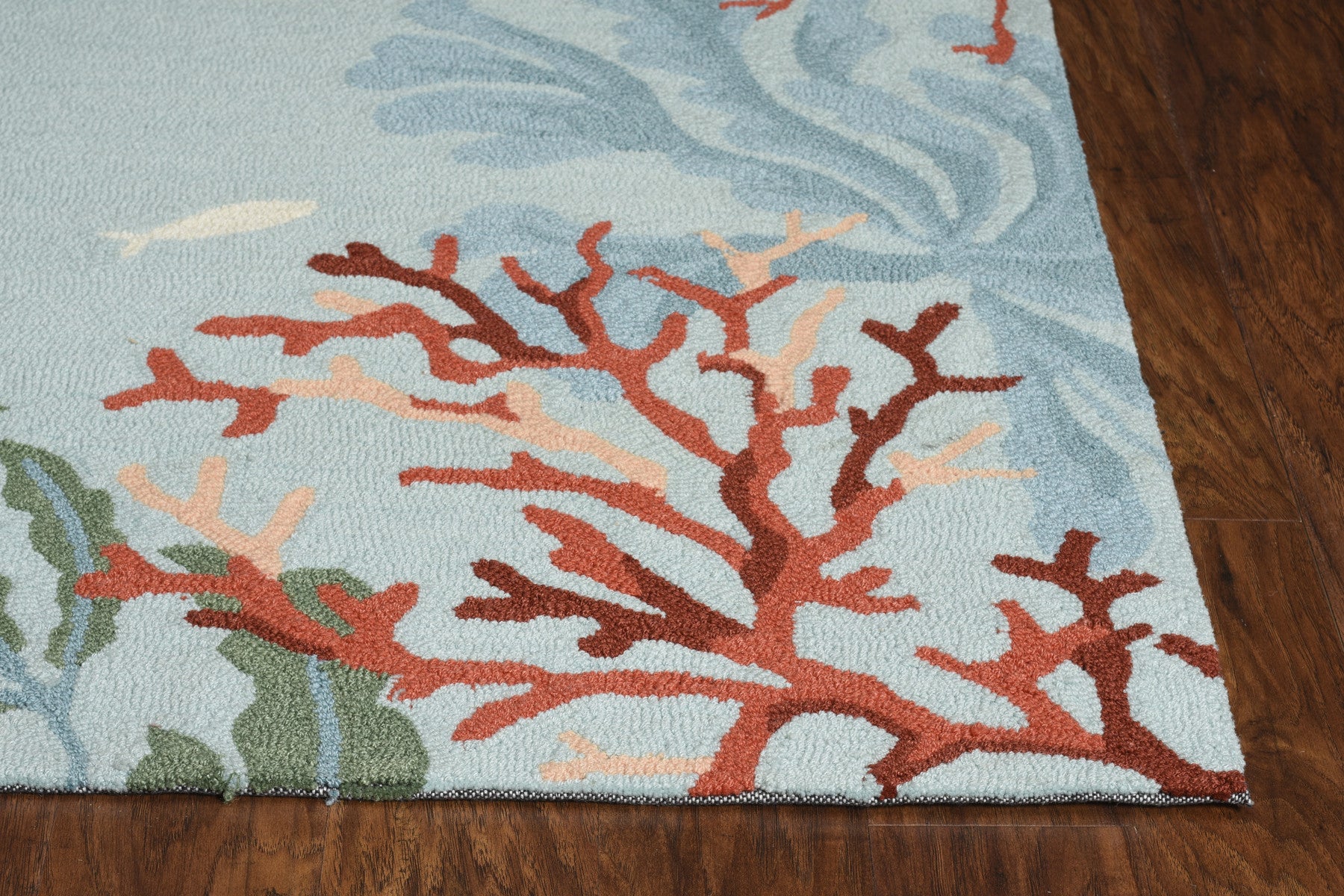 8' Blue Red And Pink Fish and Coral Hand Hooked Runner Rug-Area Rugs-DECOROLALA