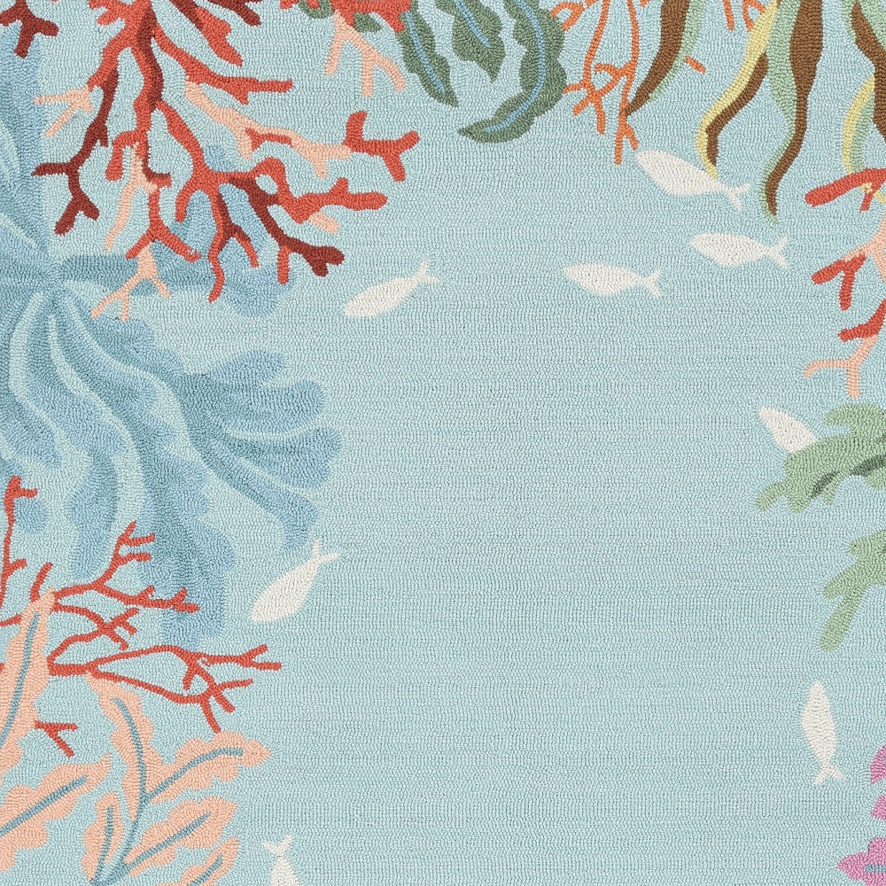 8' Blue Red And Pink Fish and Coral Hand Hooked Runner Rug-Area Rugs-DECOROLALA