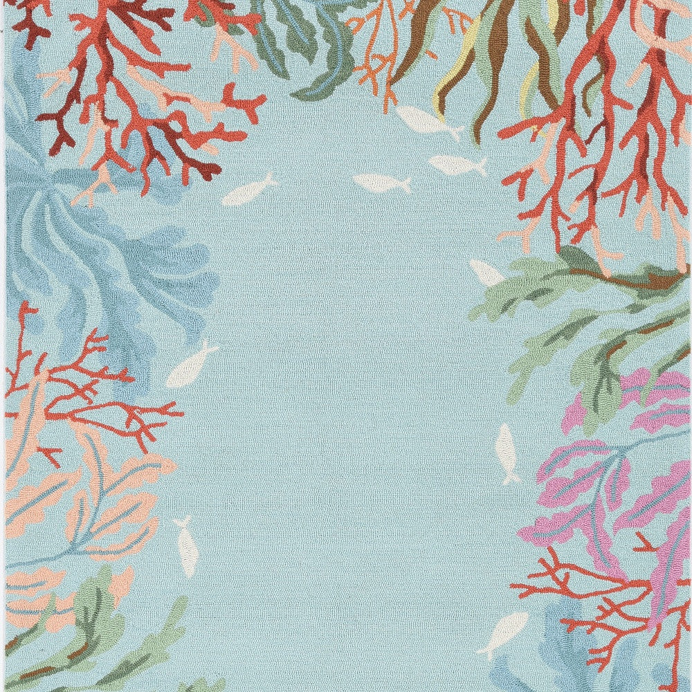 8' Blue Red And Pink Fish and Coral Hand Hooked Runner Rug-Area Rugs-DECOROLALA