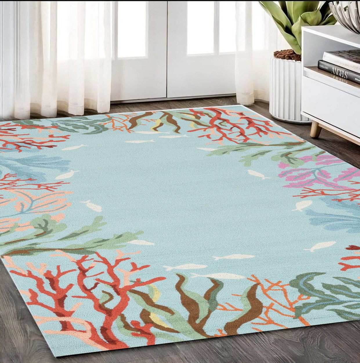 8' Blue Red And Pink Fish and Coral Hand Hooked Runner Rug-Area Rugs-DECOROLALA
