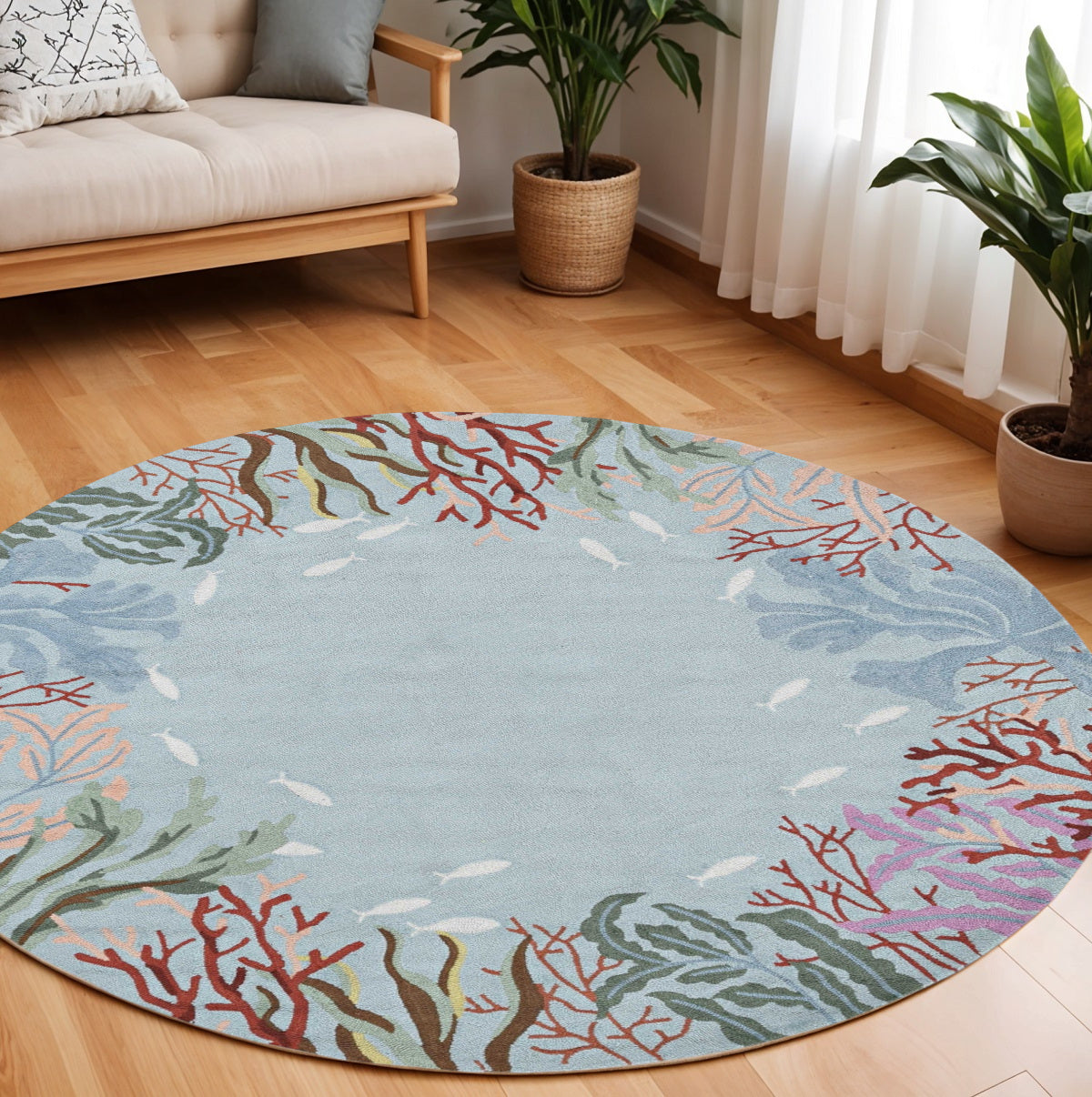 8' Blue Red And Pink Fish and Coral Hand Hooked Runner Rug-Area Rugs-DECOROLALA