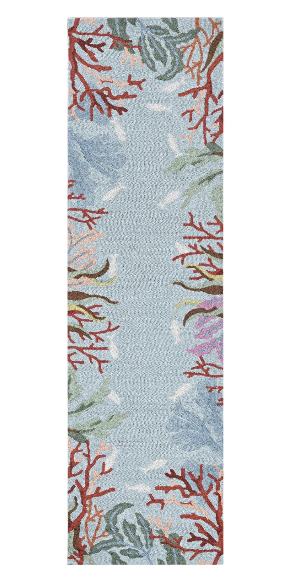 8' Blue Red And Pink Fish and Coral Hand Hooked Runner Rug-Area Rugs-DECOROLALA