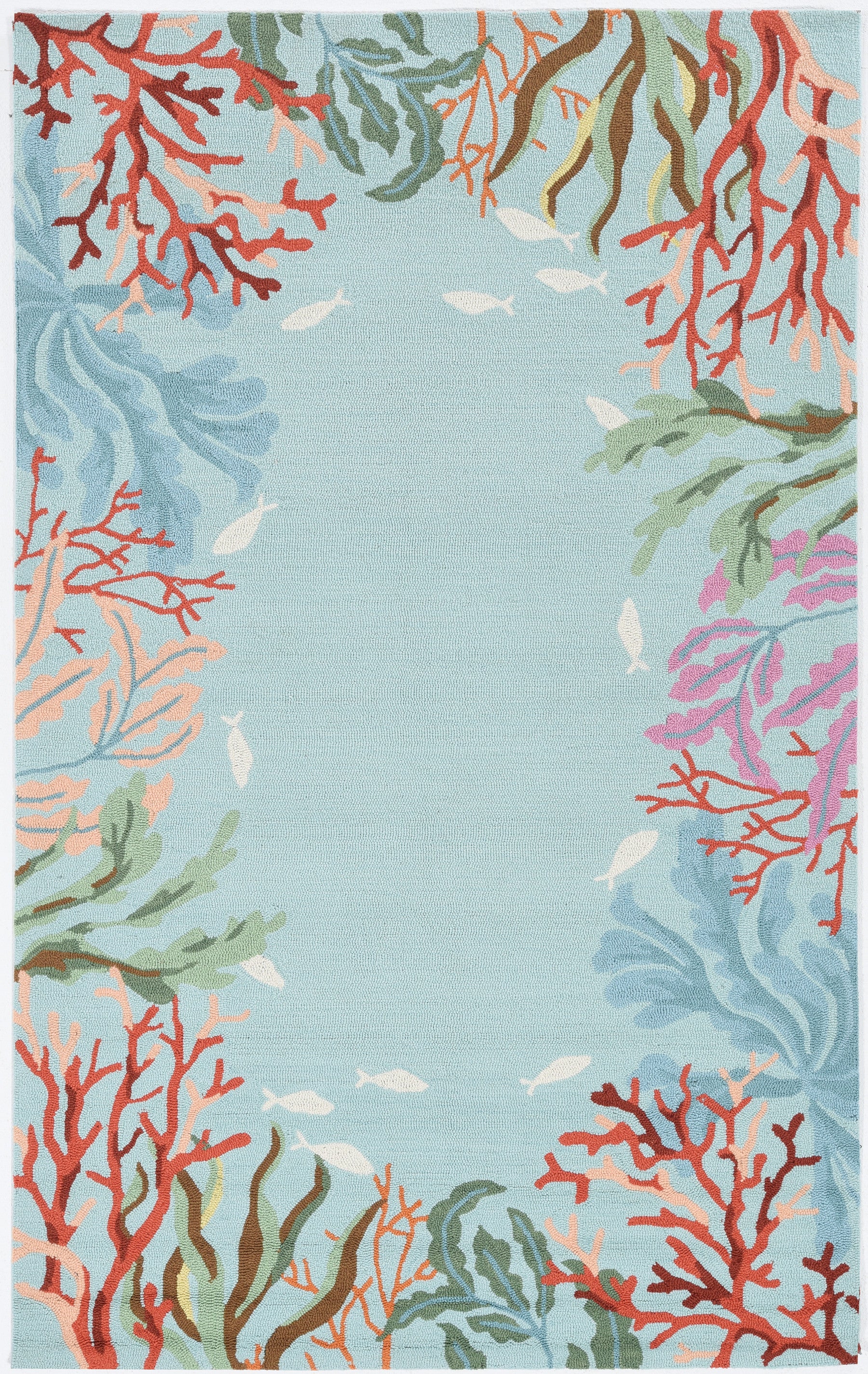 8' Blue Red And Pink Fish and Coral Hand Hooked Runner Rug-Area Rugs-DECOROLALA