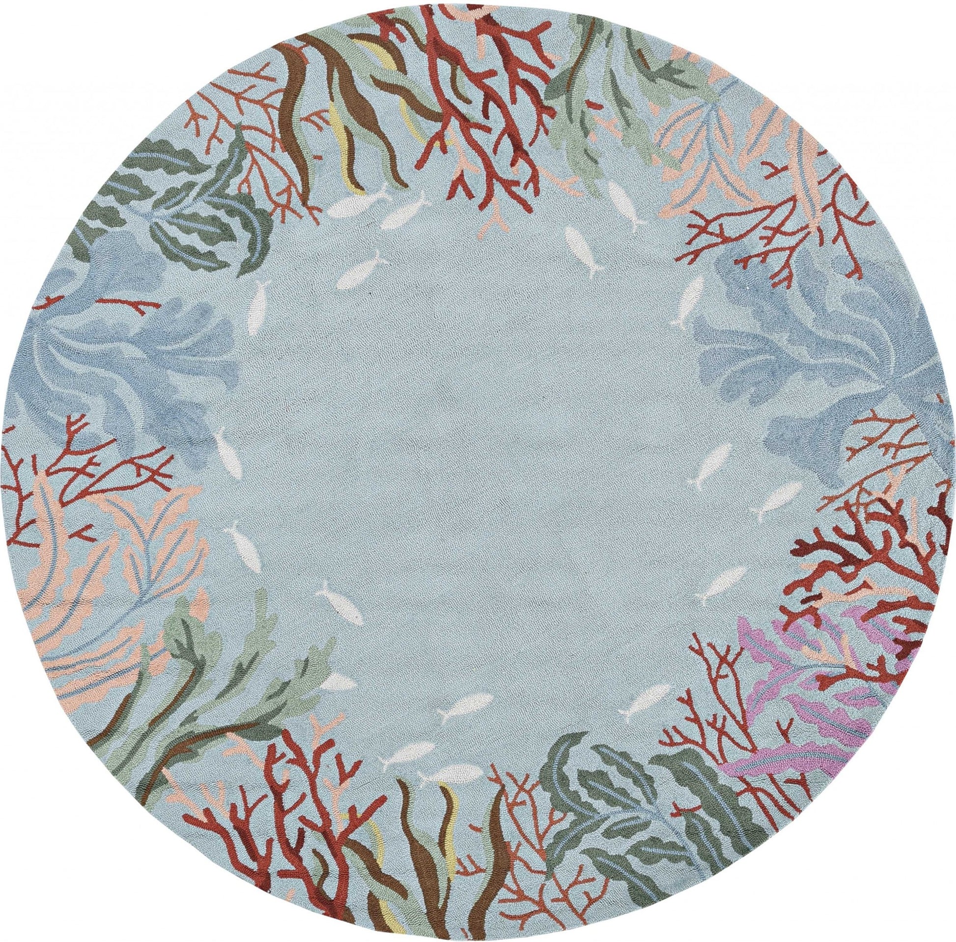 8' Blue Red And Pink Fish and Coral Hand Hooked Runner Rug-Area Rugs-DECOROLALA