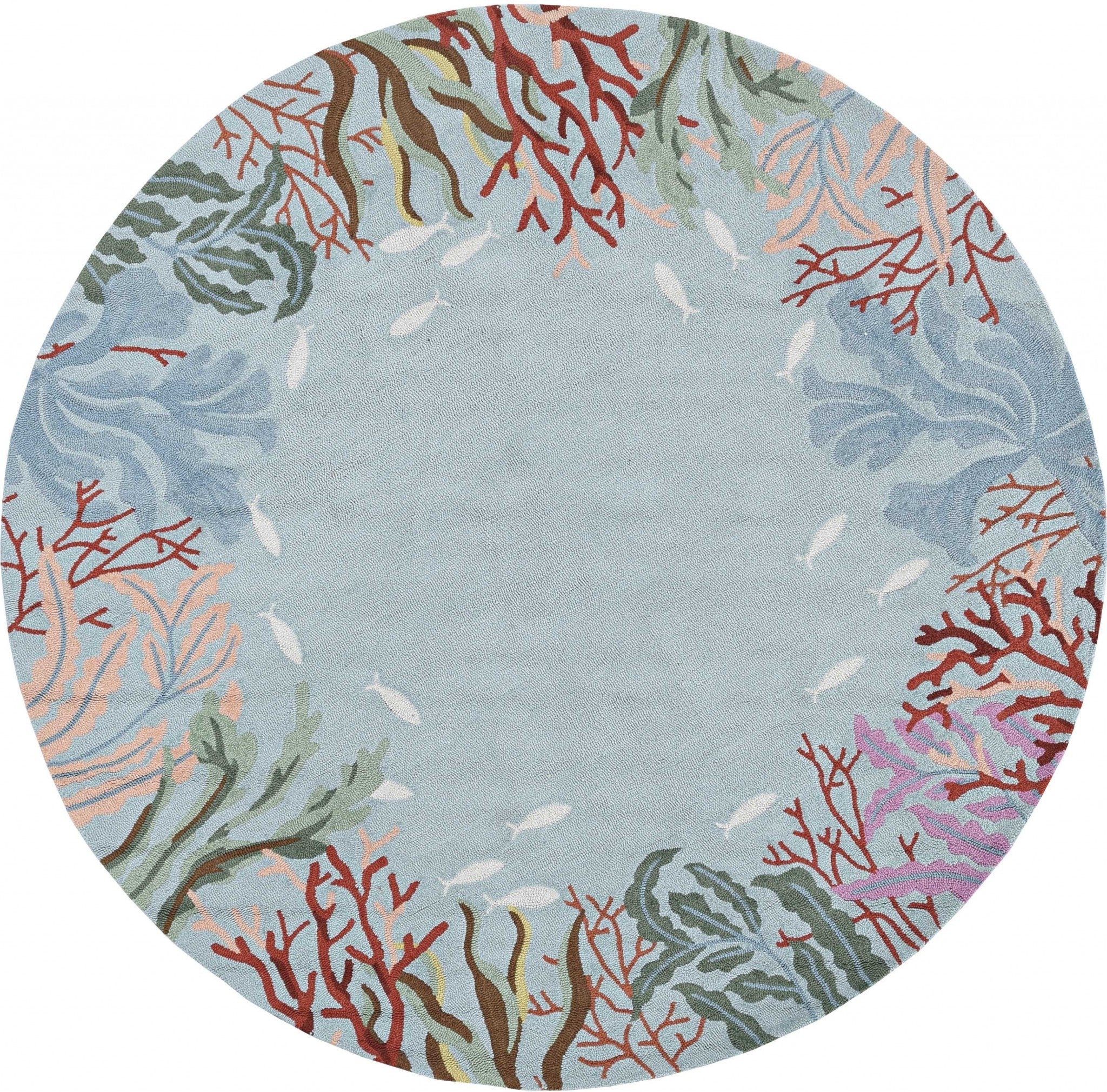 8' Blue Red And Pink Fish and Coral Hand Hooked Runner Rug-Area Rugs-DECOROLALA