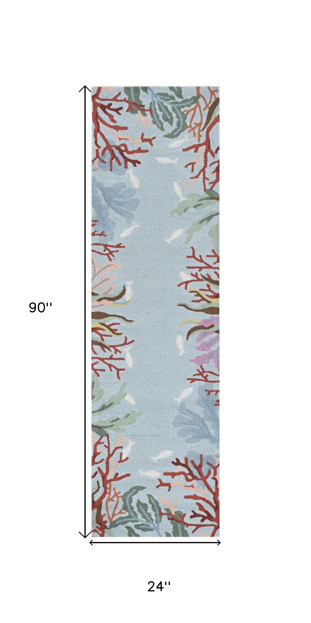 8' Blue Red And Pink Fish and Coral Hand Hooked Runner Rug-Area Rugs-DECOROLALA